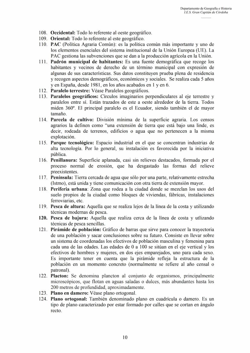 3.
4.
5.
6.
7.
CONCEPTOS DE GEOGRAFÍA
1.
2.
Departamento de Geografia e Historia
I.E.S. Gran Capitán de Córdoba
Aforo: Es la operación de me