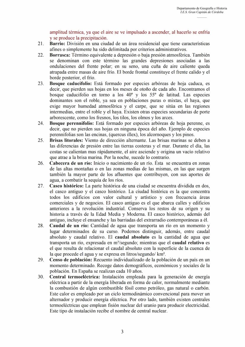 3.
4.
5.
6.
7.
CONCEPTOS DE GEOGRAFÍA
1.
2.
Departamento de Geografia e Historia
I.E.S. Gran Capitán de Córdoba
Aforo: Es la operación de me