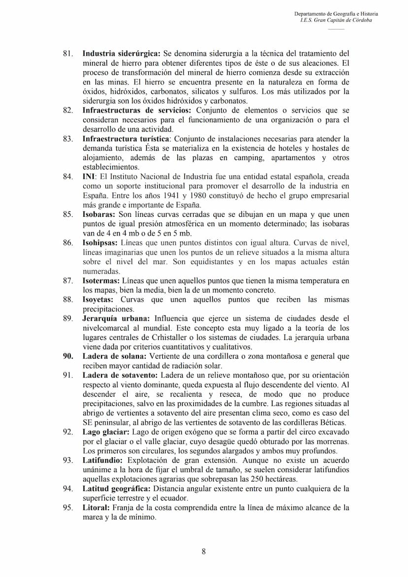 3.
4.
5.
6.
7.
CONCEPTOS DE GEOGRAFÍA
1.
2.
Departamento de Geografia e Historia
I.E.S. Gran Capitán de Córdoba
Aforo: Es la operación de me