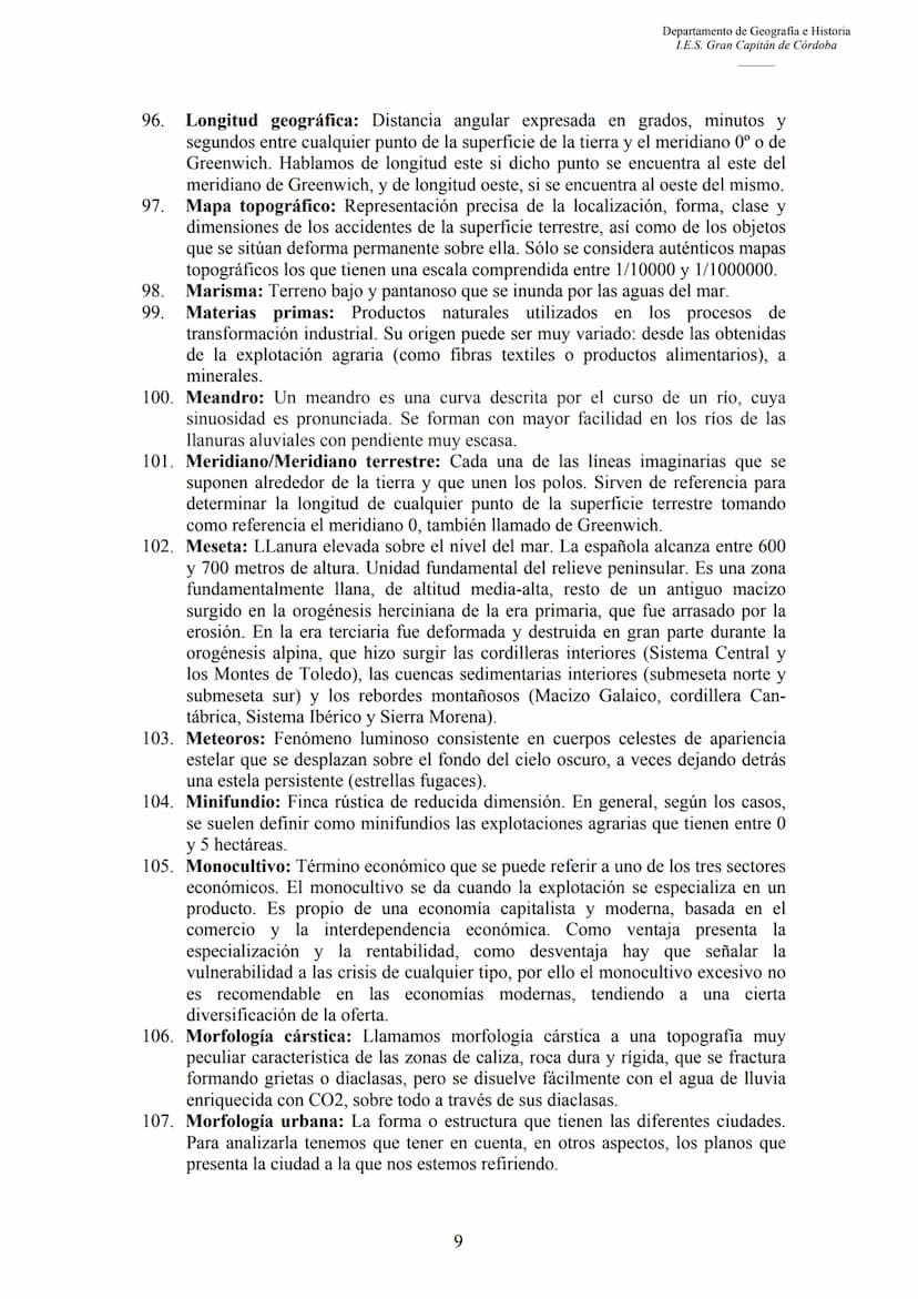3.
4.
5.
6.
7.
CONCEPTOS DE GEOGRAFÍA
1.
2.
Departamento de Geografia e Historia
I.E.S. Gran Capitán de Córdoba
Aforo: Es la operación de me