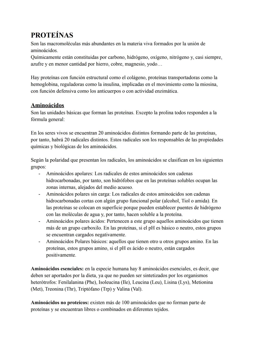 PROTEÍNAS
Son las macromoléculas más abundantes en la materia viva formados por la unión de
aminoácidos.
Químicamente están constituidas por