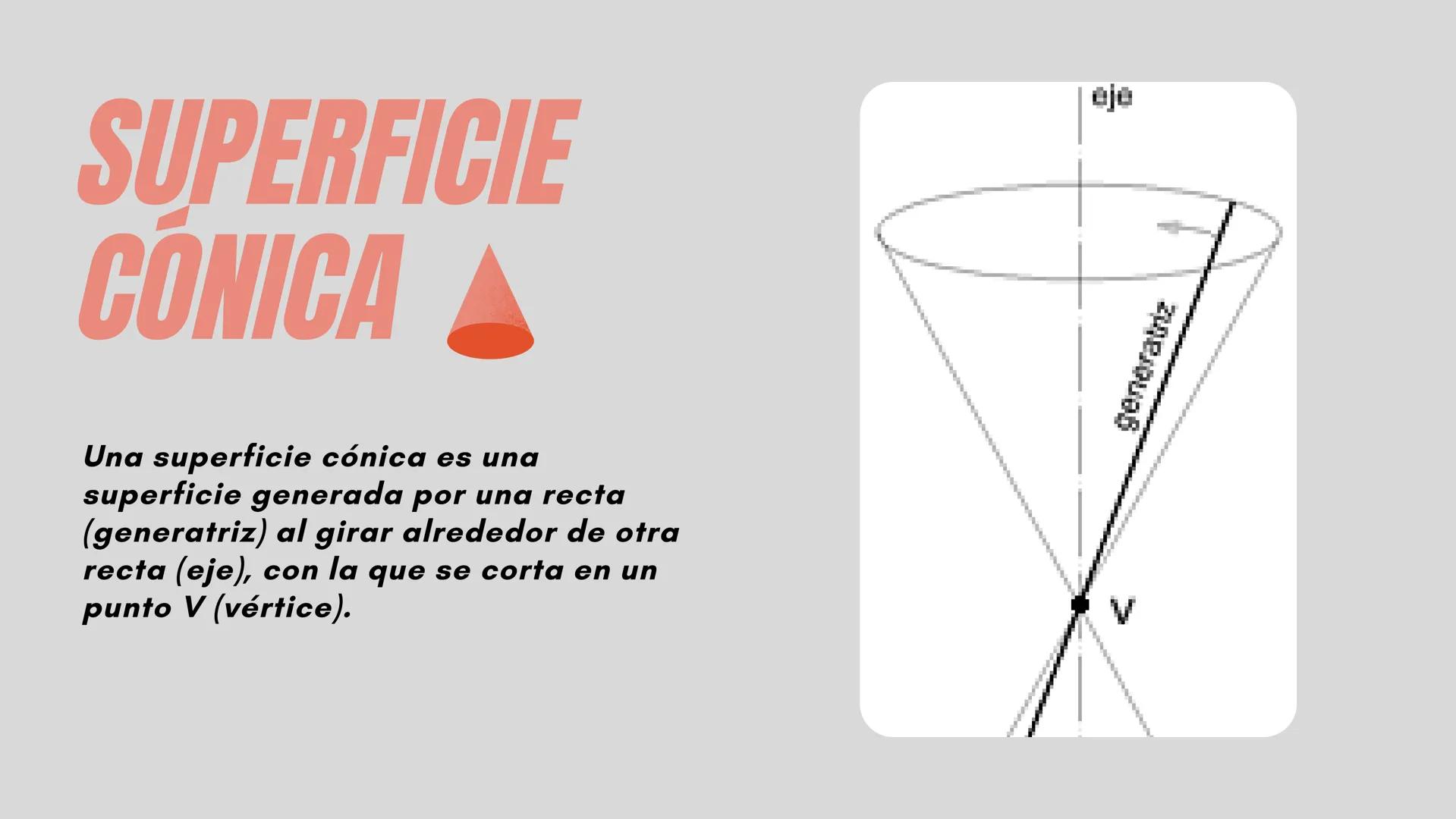 LUGARES
GEOMÉTRICOS
CÓNICAS
CARO SUPERFICIE
CONICA
Una superficie cónica es una
superficie generada por una recta
(generatriz) al girar alre