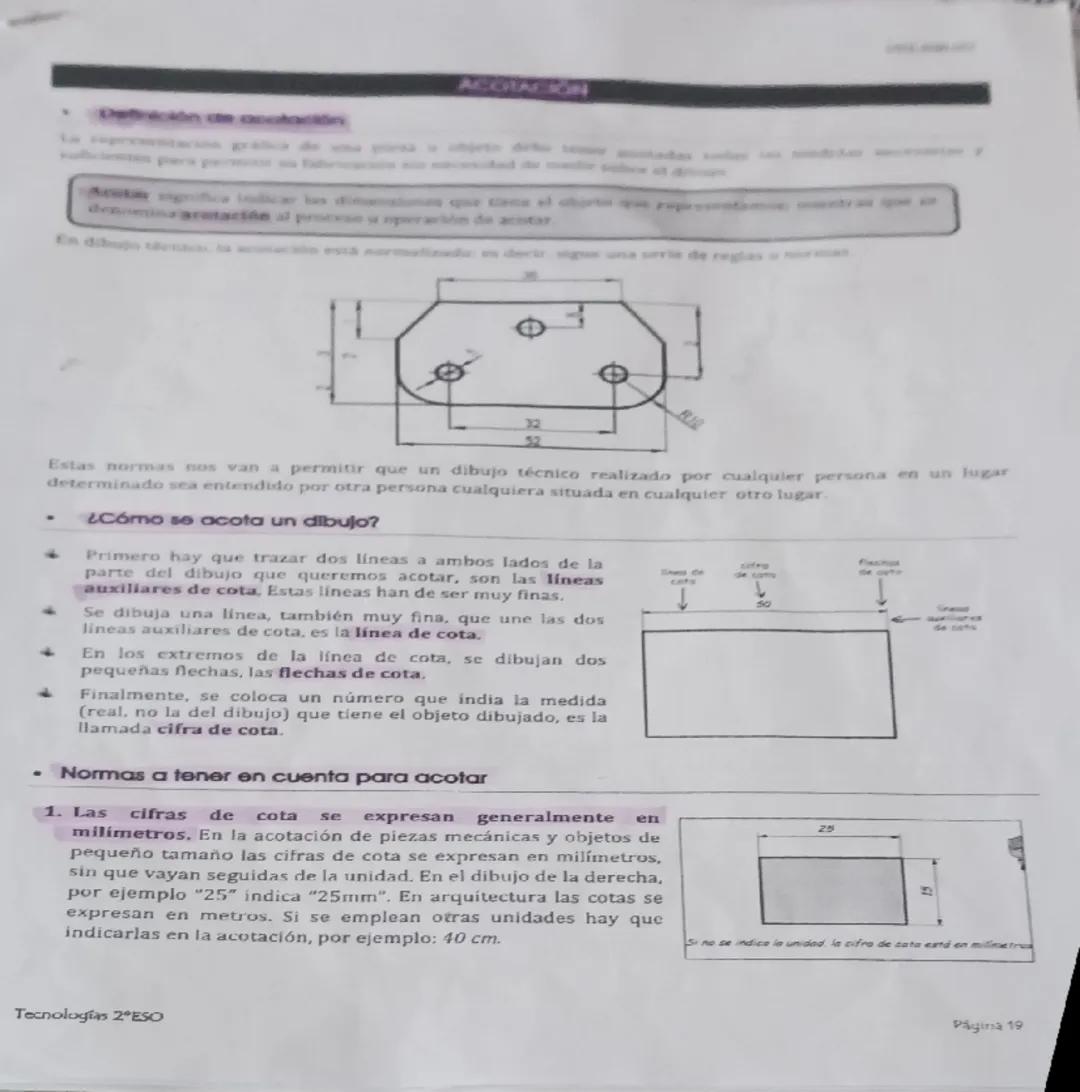 --- OCR Start ---
ACOTACIÓN
Acutar grotica indicar las dimensiones que tiene el corto que rep
denomina aratartón al proceso u operación de a