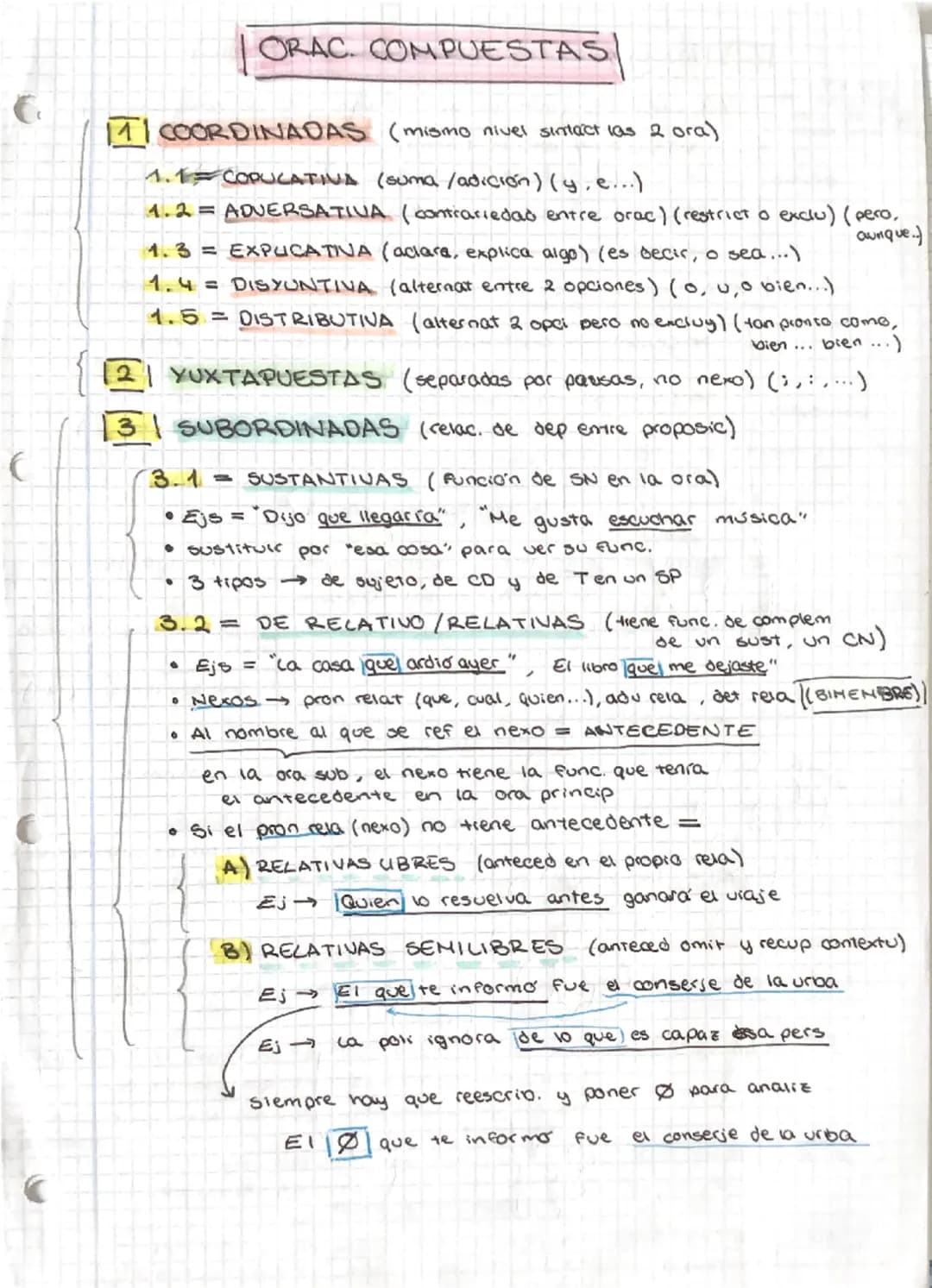 (
ORAC. COMPUESTAS
I COORDINADAS (mismo nivel sintact (as 2 ora)
1.1
COPULATIVA (suma/adición) (y. e...)
aunque.)
1.2= ADVERSATIVA (contrari