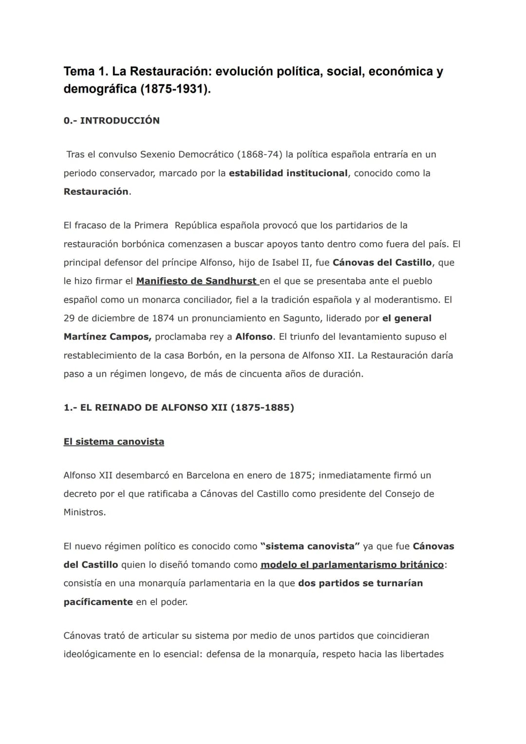 Tema 1. La Restauración: evolución política, social, económica y
demográfica (1875-1931).
0.- INTRODUCCIÓN
Tras el convulso Sexenio Democrát