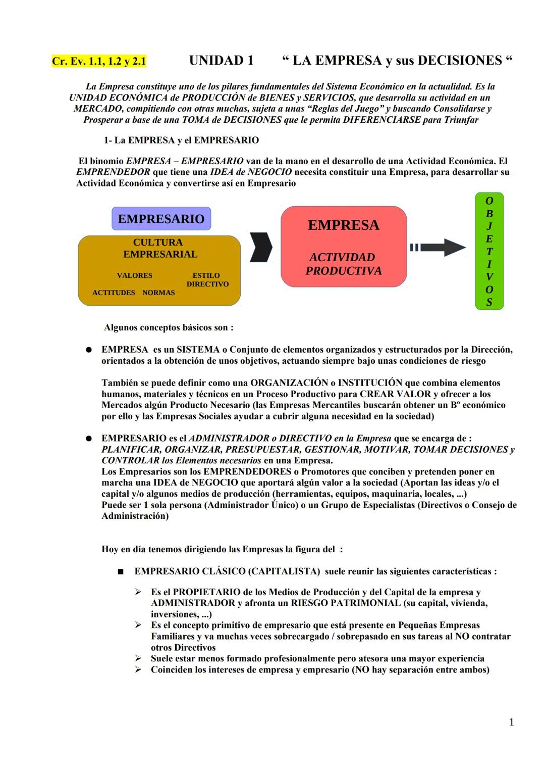 Cr. Ev. 1.1, 1.2 y 2.1
UNIDAD 1 "LA EMPRESA y sus DECISIONES"
La Empresa constituye uno de los pilares fundamentales del Sistema Económico e