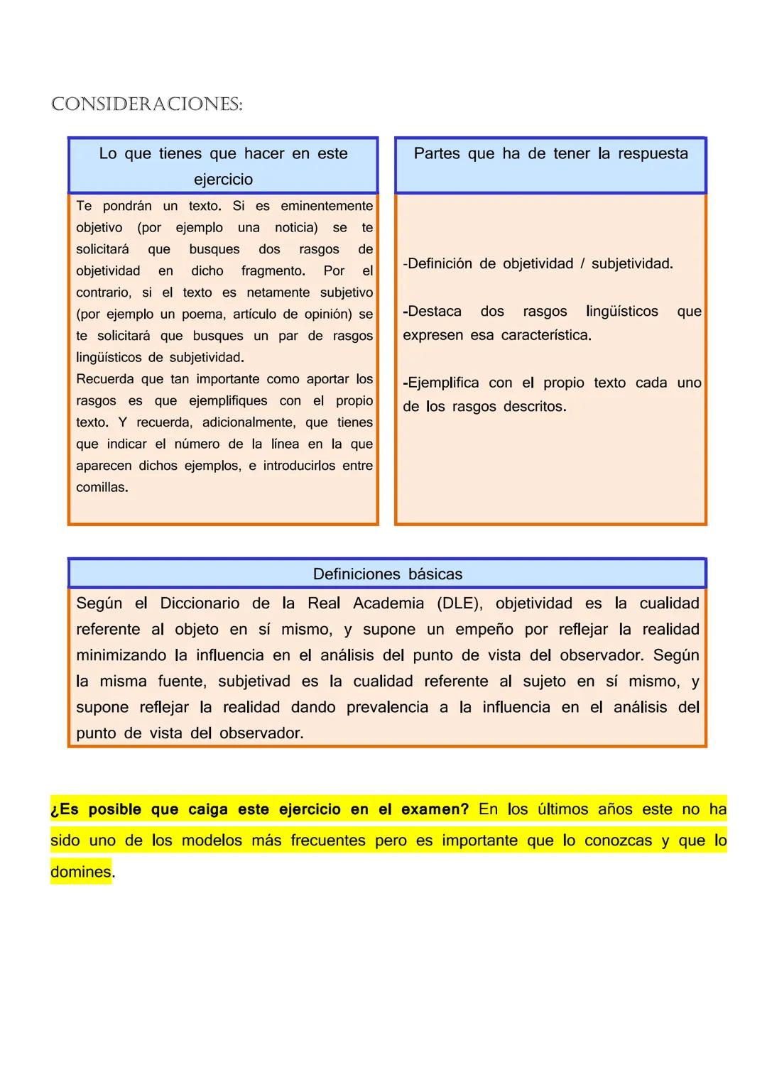 CONSIDERACIONES:
Lo que tienes que hacer en este
ejercicio
Te pondrán un texto. Si es eminentemente
objetivo (por ejemplo una noticia) se te