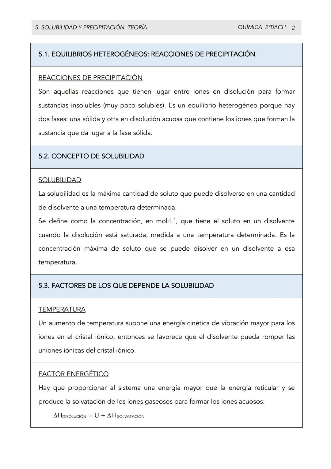 5. SOLUBILIDAD Y PRECIPITACIÓN. TEORÍA
QUÍMICA 2ºBACH 1
APARTADO 1. SOLUBILIDAD Y PRECIPITACIÓN
CONTENIDOS:
Equilibrios heterogéneos: reacci