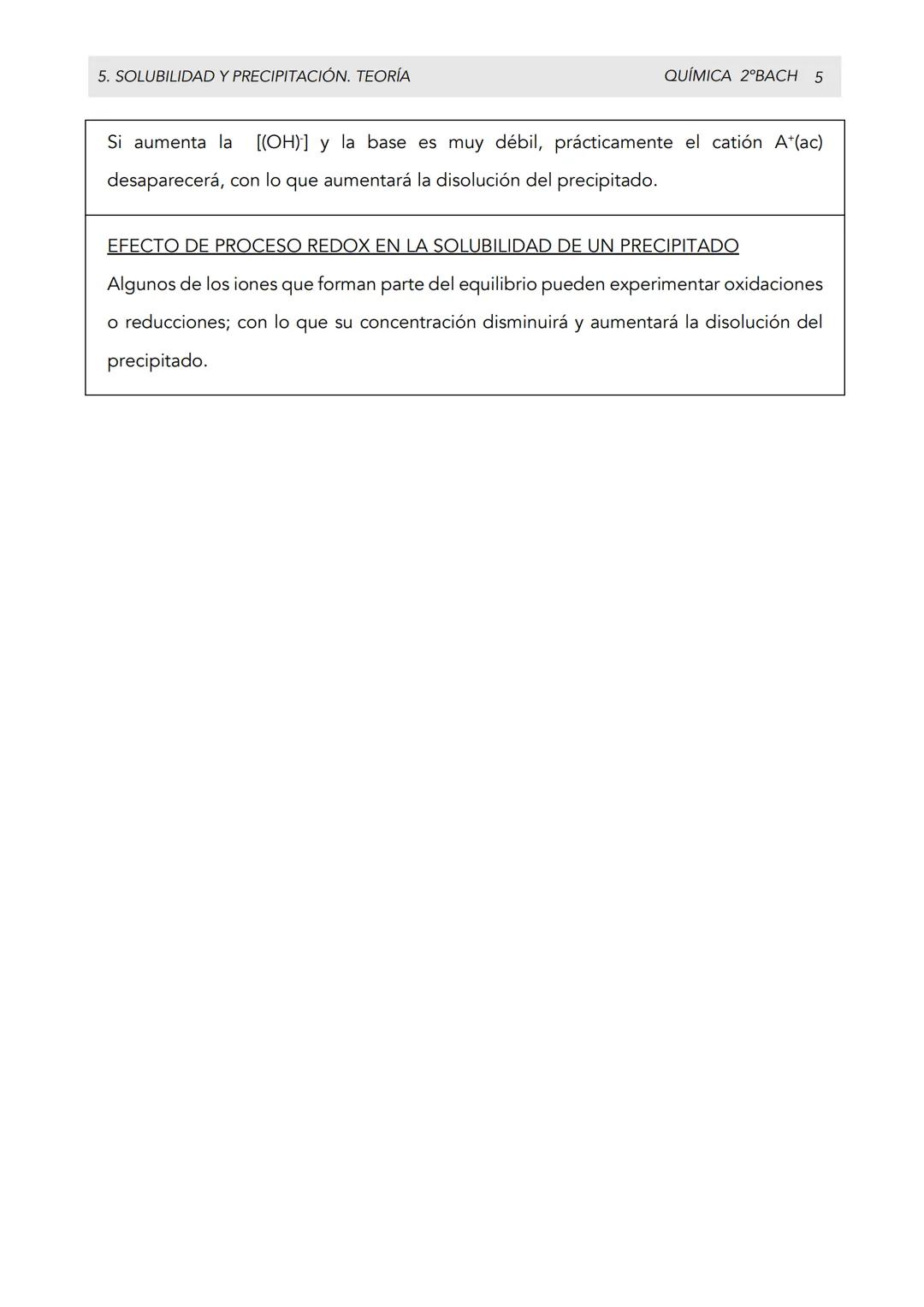 5. SOLUBILIDAD Y PRECIPITACIÓN. TEORÍA
QUÍMICA 2ºBACH 1
APARTADO 1. SOLUBILIDAD Y PRECIPITACIÓN
CONTENIDOS:
Equilibrios heterogéneos: reacci