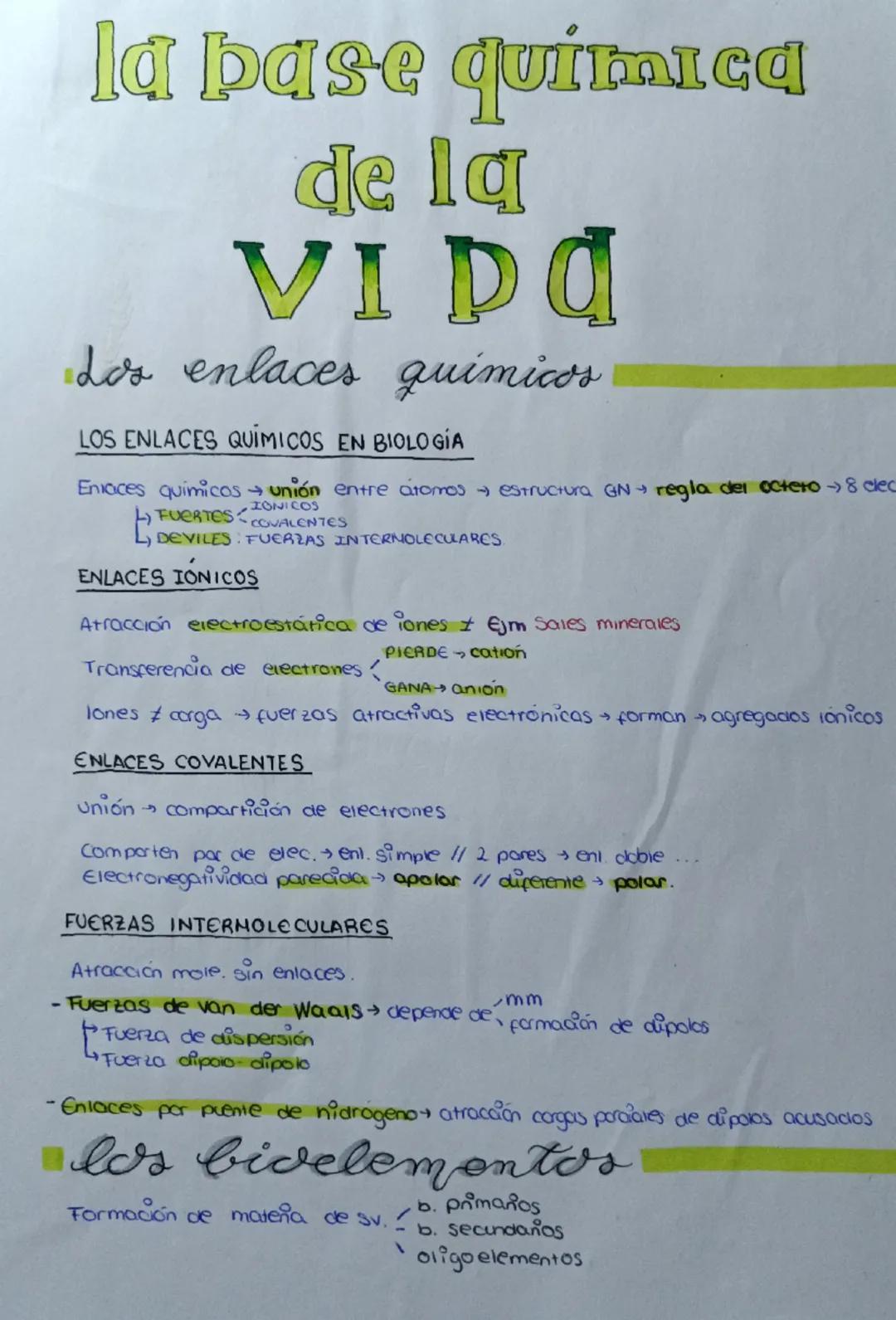 -
la base química
de la
VI DO
Los enlaces quimicos
LOS ENLACES QUIMICOS EN BIOLOGIA
->
Enlaces químicos → unión entre atomos → estructura GN