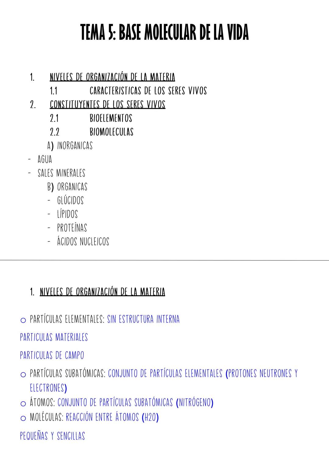 1.
TEMA 5: BASE MOLECULAR DE LA VIDA
NIVELES DE ORGANIZACIÓN DE LA MATERIA
1.1
CARACTERISTICAS DE LOS SERES VIVOS
2. CONSTITUYENTES DE LOS S