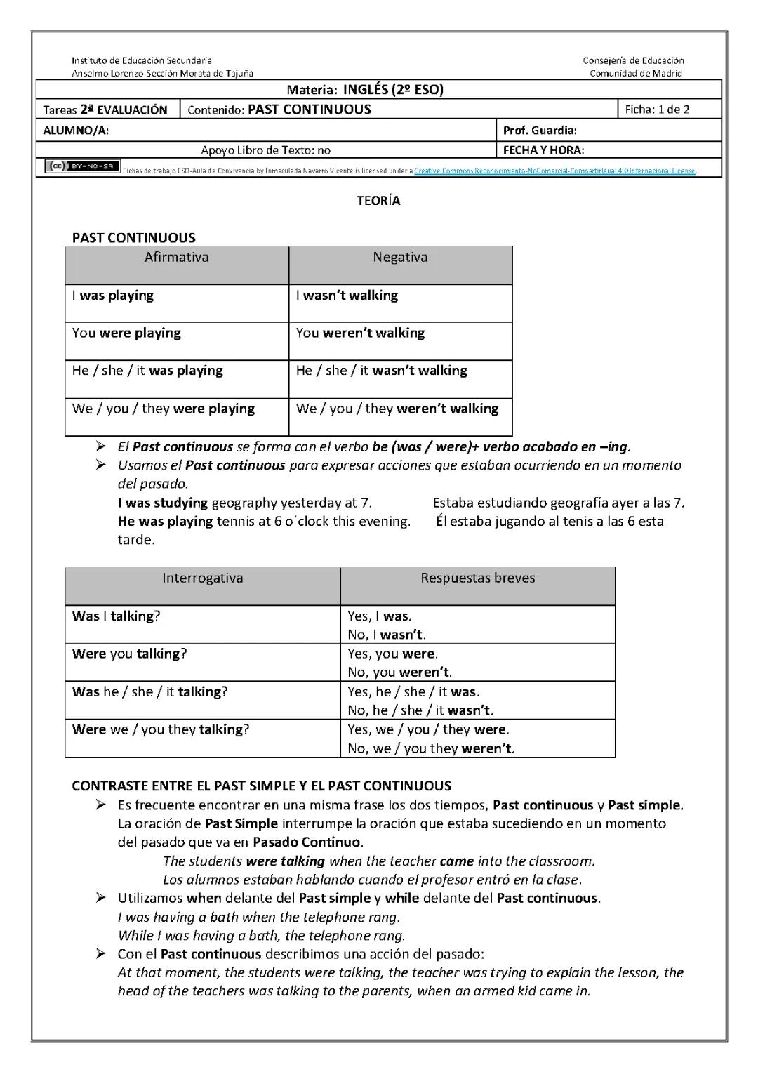 Learn Past Continuous in English: Fun Exercises for 2nd ESO