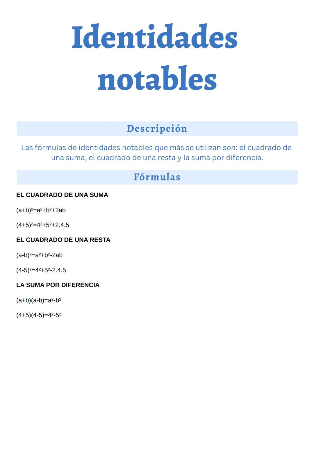 Descripción
Las fórmulas de identidades notables que más se utilizan son: el cuadrado de
una suma, el cuadrado de una resta y la suma por di