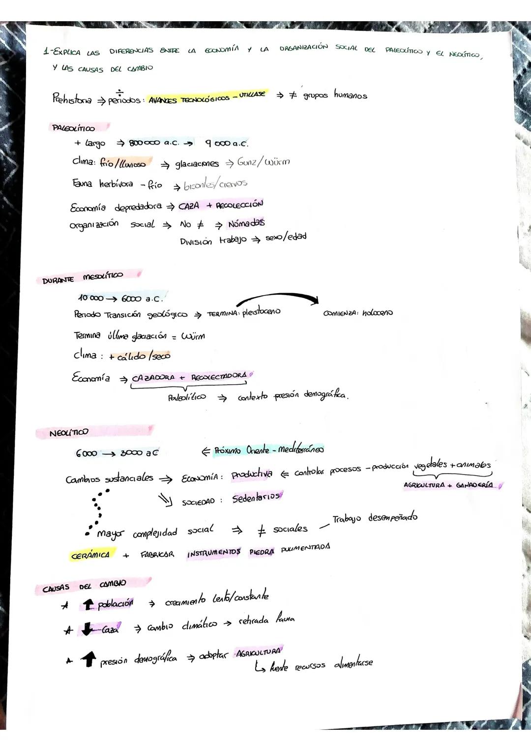 1-EXPLICA LAS DIFERENCIAS ENTRE LA ECONOMÍA Y LA ORGANIZACIÓN SOCIAL DEL PALEOLÍTICO Y EL NEύπου, 
Y LAS CAUSAS DEL CAMBIO

$\\div$
Prehisto