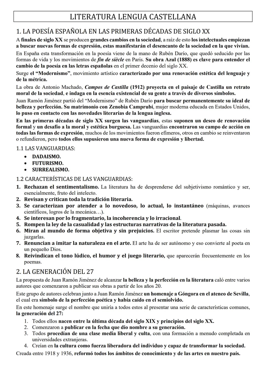 LITERATURA LENGUA CASTELLANA
1. LA POESÍA ESPAÑOLA EN LAS PRIMERAS DÉCADAS DE SIGLO XX
A finales de siglo XX se producen grandes cambios en 
