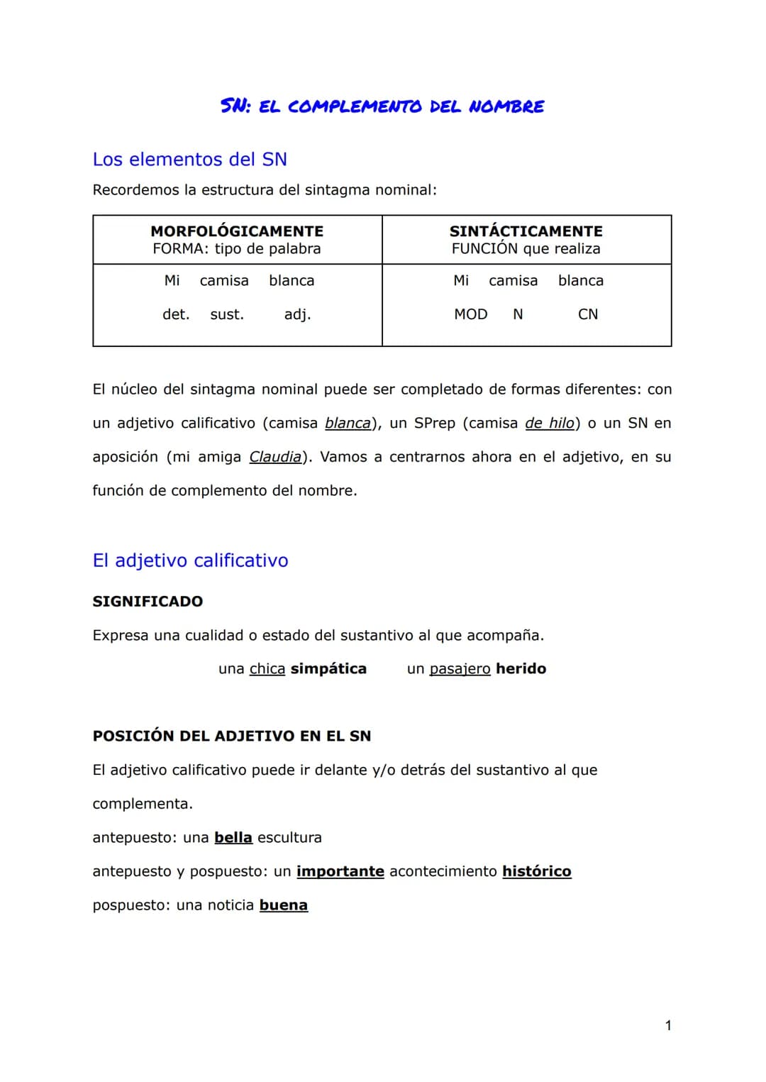 SN: EL COMPLEMENTO DEL NOMBRE
Los elementos del SN
Recordemos la estructura del sintagma nominal:
MORFOLÓGICAMENTE
FORMA: tipo de palabra
Mi