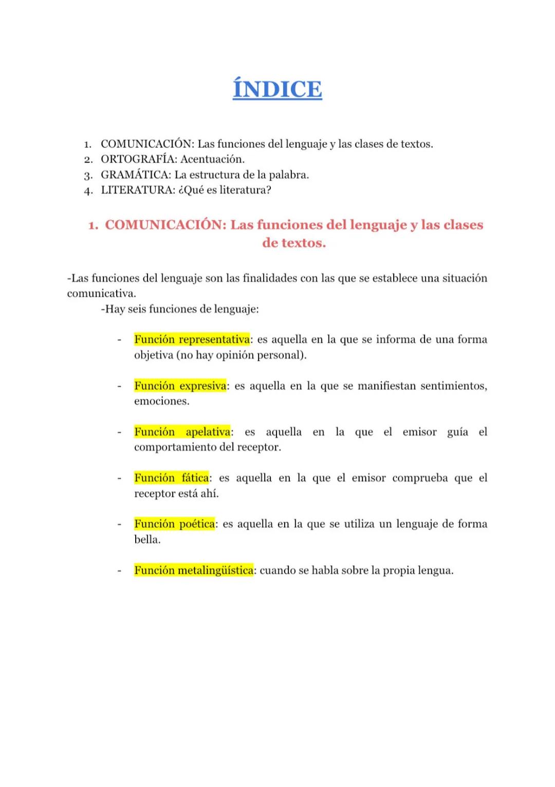ÍNDICE
1. COMUNICACIÓN: Las funciones del lenguaje y las clases de textos.
2. ORTOGRAFÍA: Acentuación.
3. GRAMÁTICA: La estructura de la pal