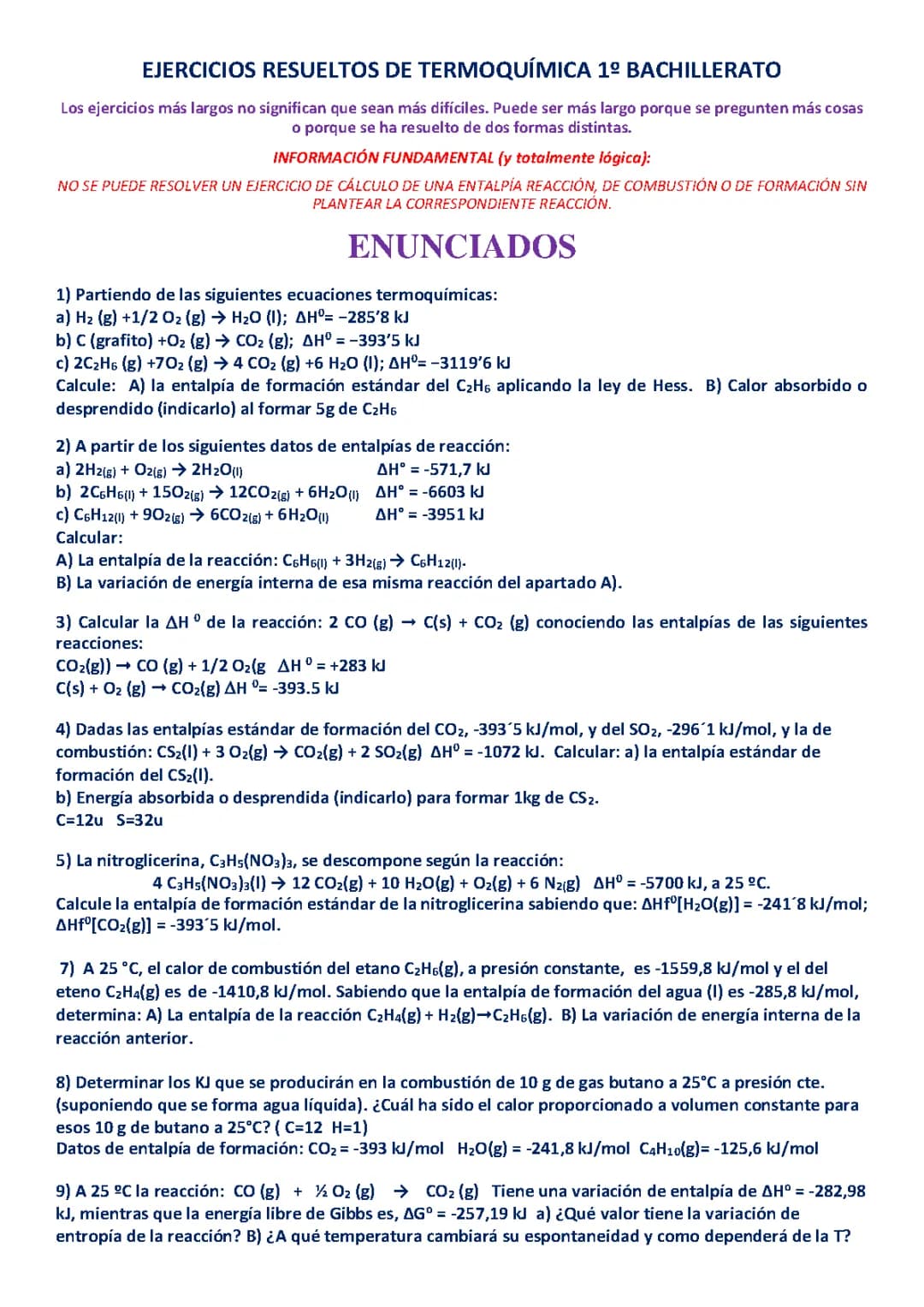 Ejercicios de Termoquímica Resueltos para 1 y 2 BACHILLERATO en PDF