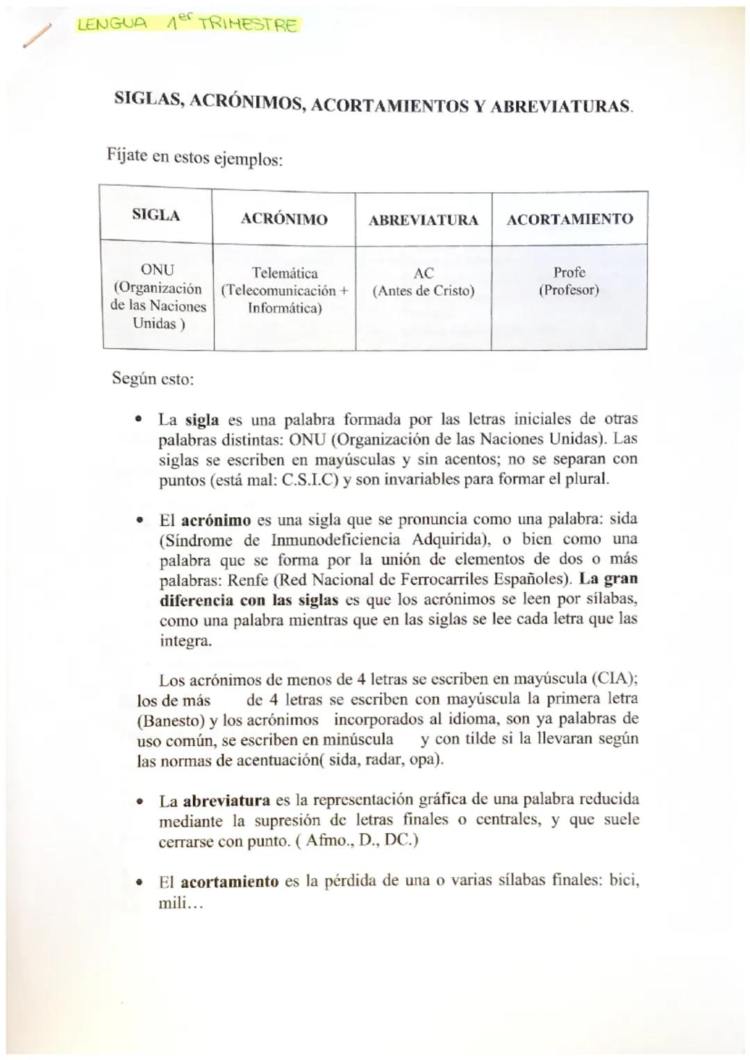 LENGUA 1 TRIMESTRE
SIGLAS, ACRÓNIMOS, ACORTAMIENTOS Y ABREVIATURAS.
Fijate en estos ejemplos:
SIGLA
ACRÓNIMO
ABREVIATURA
ACORTAMIENTO
ONU
(O