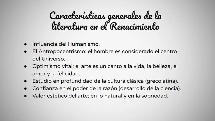 ÍNDICE:
1. Contexto histórico del Renacimiento
2. Concepto
3. Características generales de la literatura
4. ¿Que es el humanismo?
5. La poes