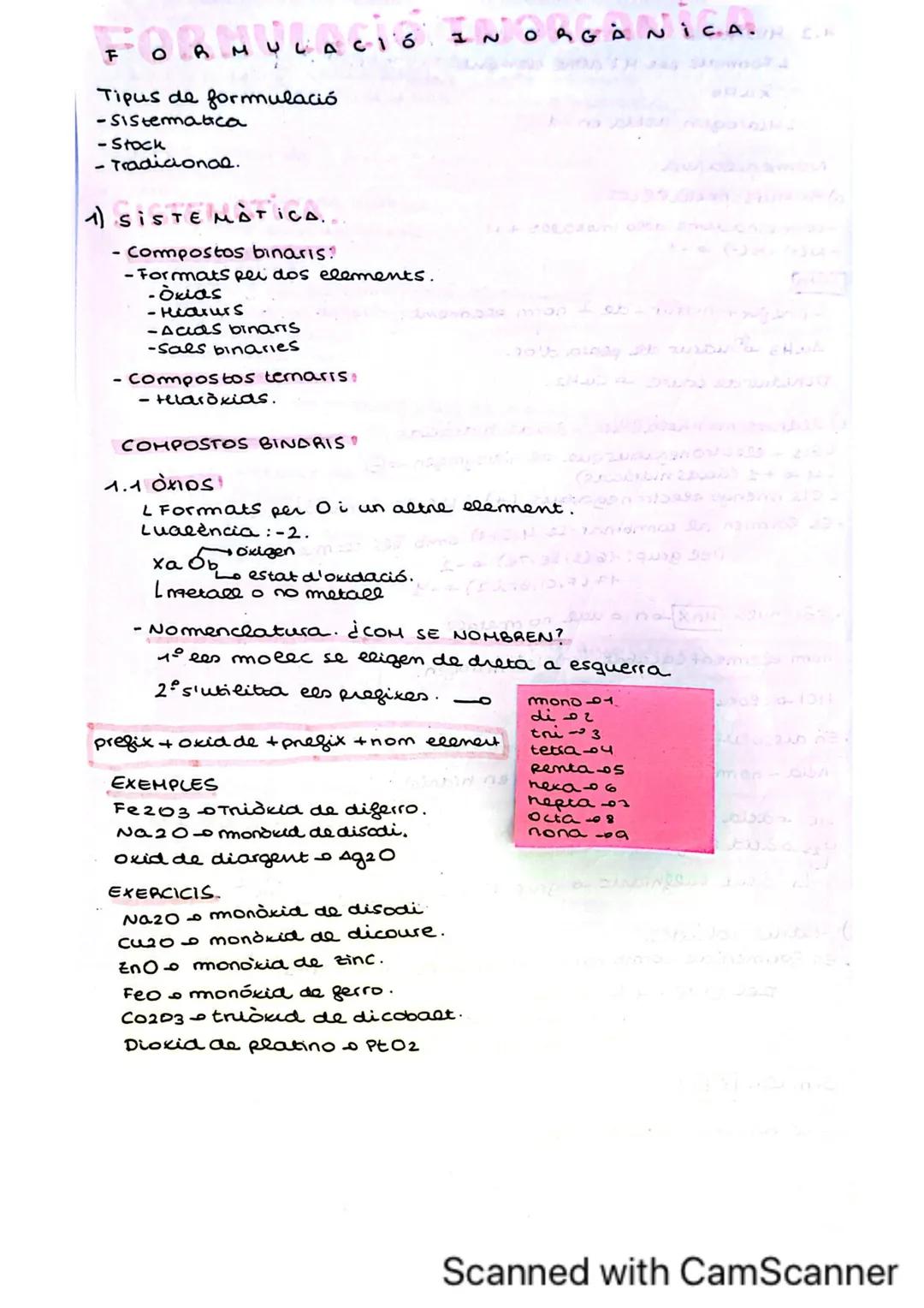 # FORMULACIÓ INORGÀNICA.

Tipus de formulació
- Sistemàtica
- Stock
- Tradicional.

1) SISTEMÀTICA.

- Compostos binaris?
  - Formats per do