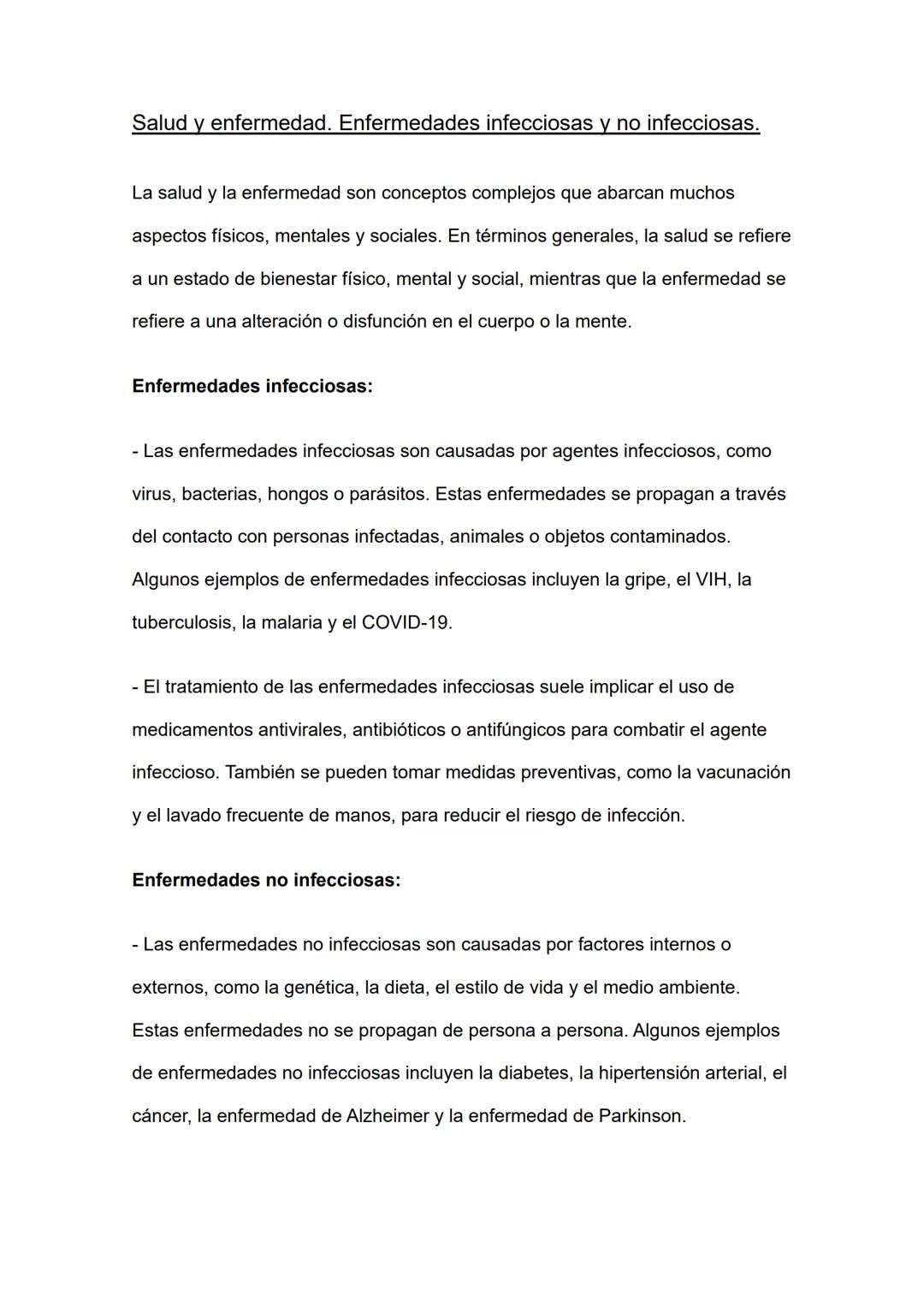 Salud y enfermedad. Enfermedades infecciosas y no infecciosas.
La salud y la enfermedad son conceptos complejos que abarcan muchos
aspectos 