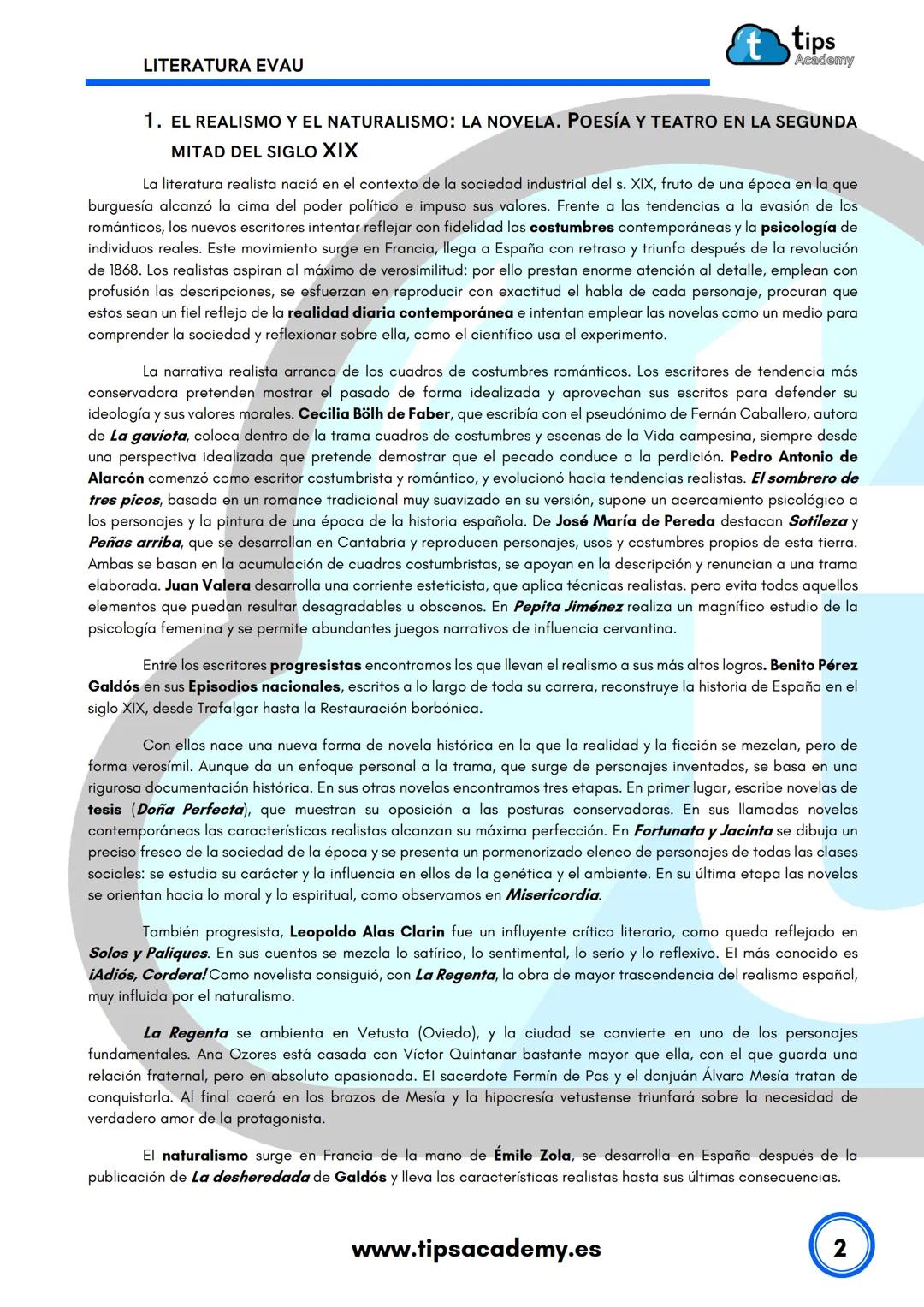 # LENGUA

2º BACHILLERATO

Resúmenes literatura 2023-2024

www.tipsacademy.es # LITERATURA EVAU

tips
Academy

1. EL REALISMO Y EL NATURALIS