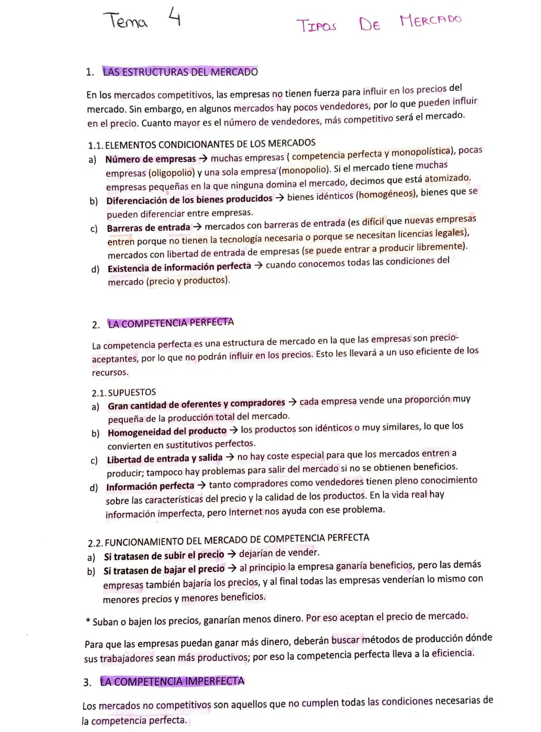 Tema 4
b)
c)
TIPOS
DE
MERCADO
1. LAS ESTRUCTURAS DEL MERCADO
En los mercados competitivos, las empresas no tienen fuerza para influir en los