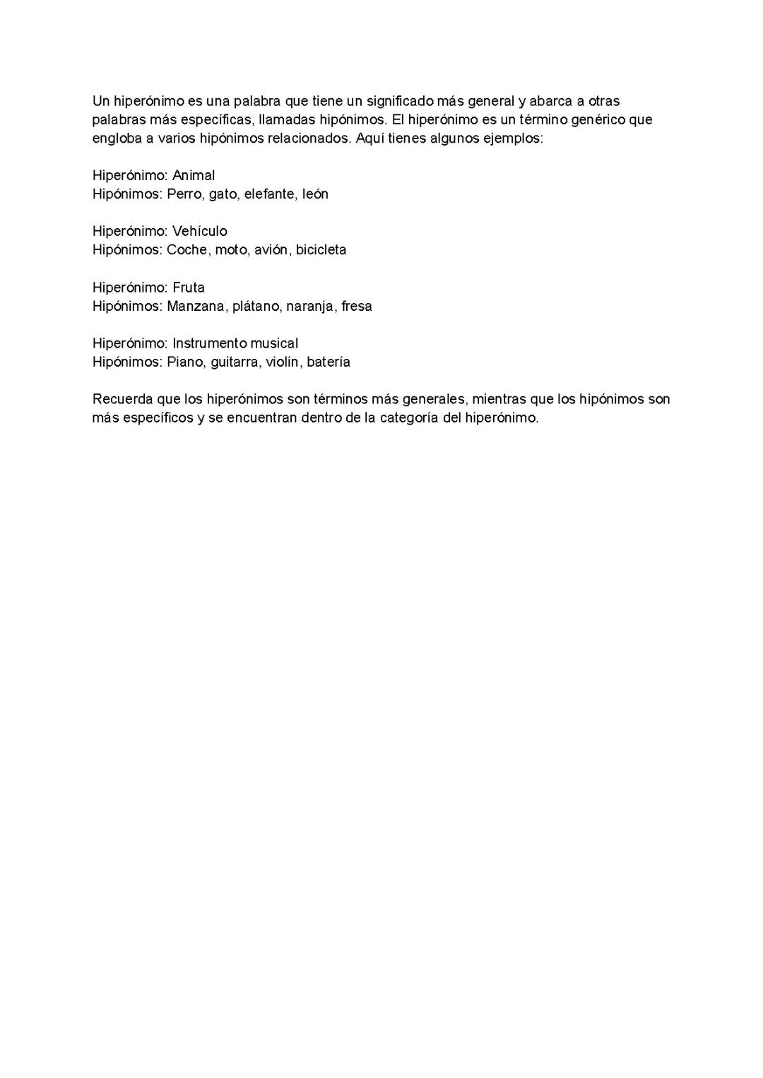 Hiperónimos e hipónimos.