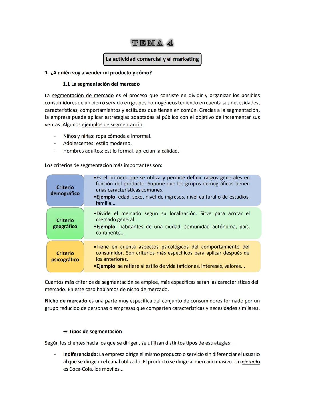TEMA 4
La actividad comercial y el marketing
1. ¿A quién voy a vender mi producto y cómo?
1.1 La segmentación del mercado
La segmentación de
