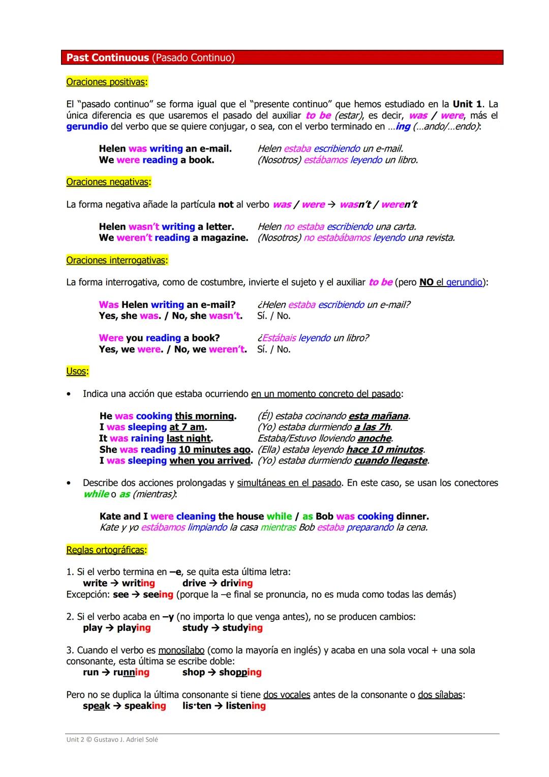 Past Continuous (Pasado Continuo)
Oraciones positivas:
El "pasado continuo" se forma igual que el "presente continuo" que hemos estudiado en