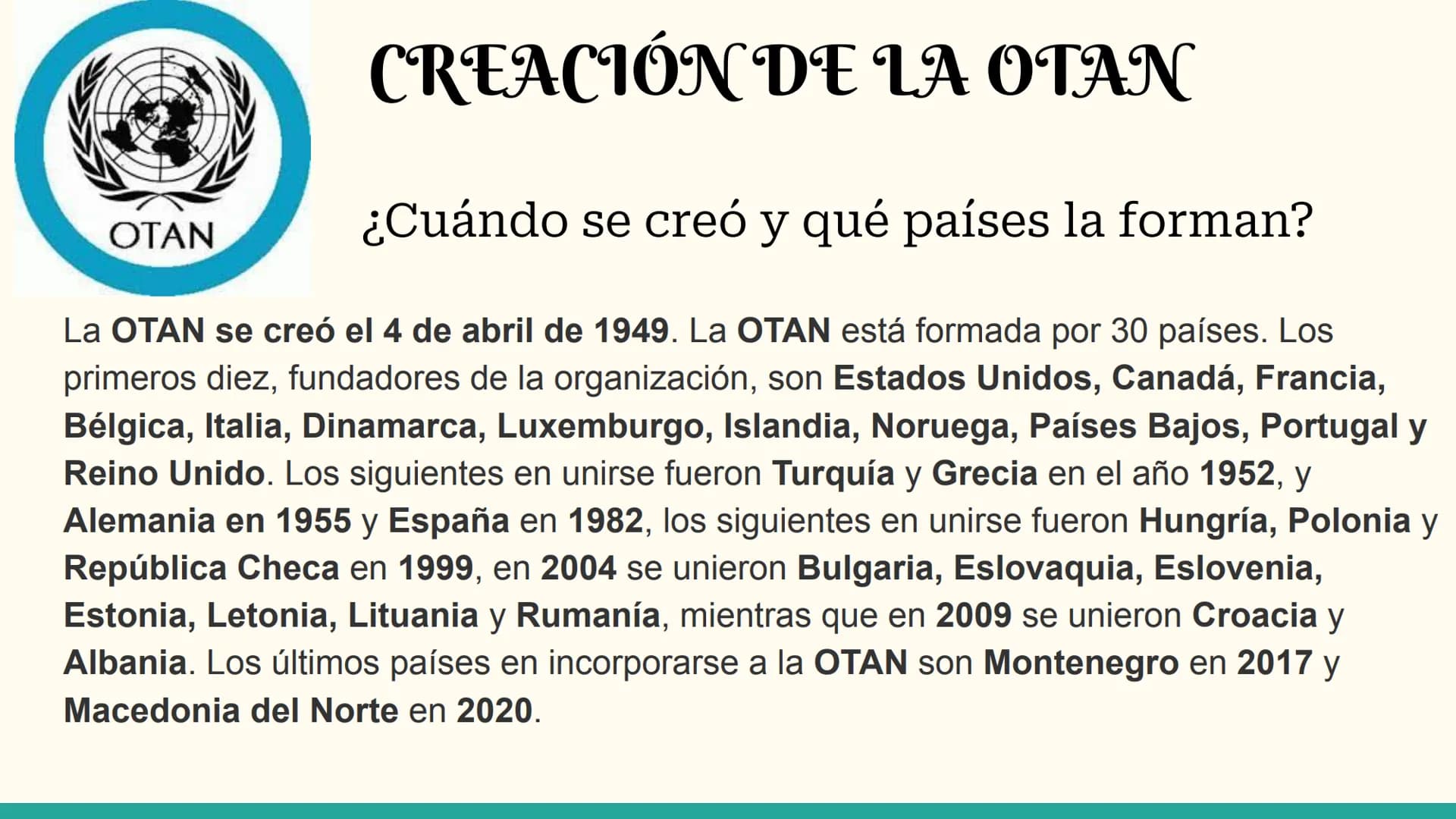 OTAN
4 de abril de 1949
Natalia y Nadir
LA GUERRA FRÍA
CREACIÓN DE LA OTAN
Y
EL PACTO DE VARSOV
МИРА
Colos
И
ВАРШАВСКИЙ
AM3MA
Del 14 de mayo