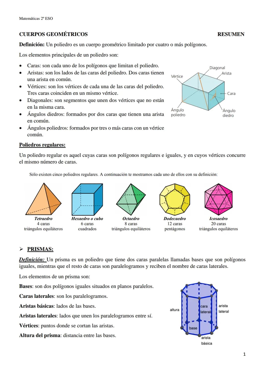 Matemáticas 2º ESO
CUERPOS GEOMÉTRICOS
Definición: Un poliedro es un cuerpo geométrico limitado por cuatro o más polígonos.
Los elementos pr