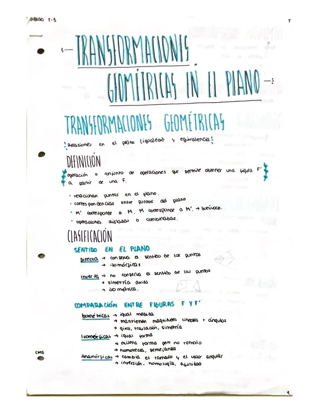 DIBUJO T-3

• -TRANSFORMACIONIS

GIOMÉTRICAS IN EL PIANO →

TRANSFORMACIONES GEOMÉTRICAS

Relaciones en el plano (iqualdad y equivalencia:

