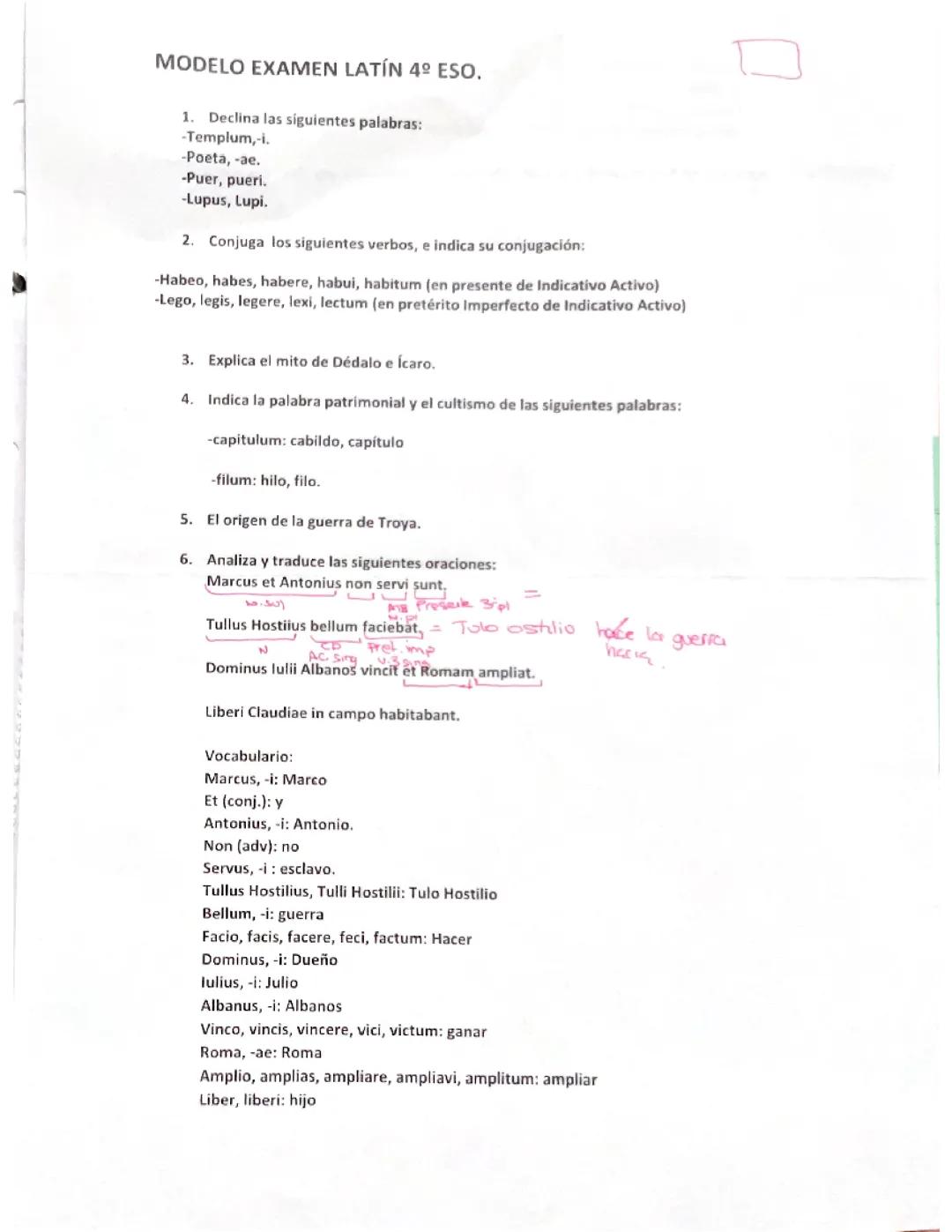 Modelo de Examen de Declinaciones en Latín para 4º ESO