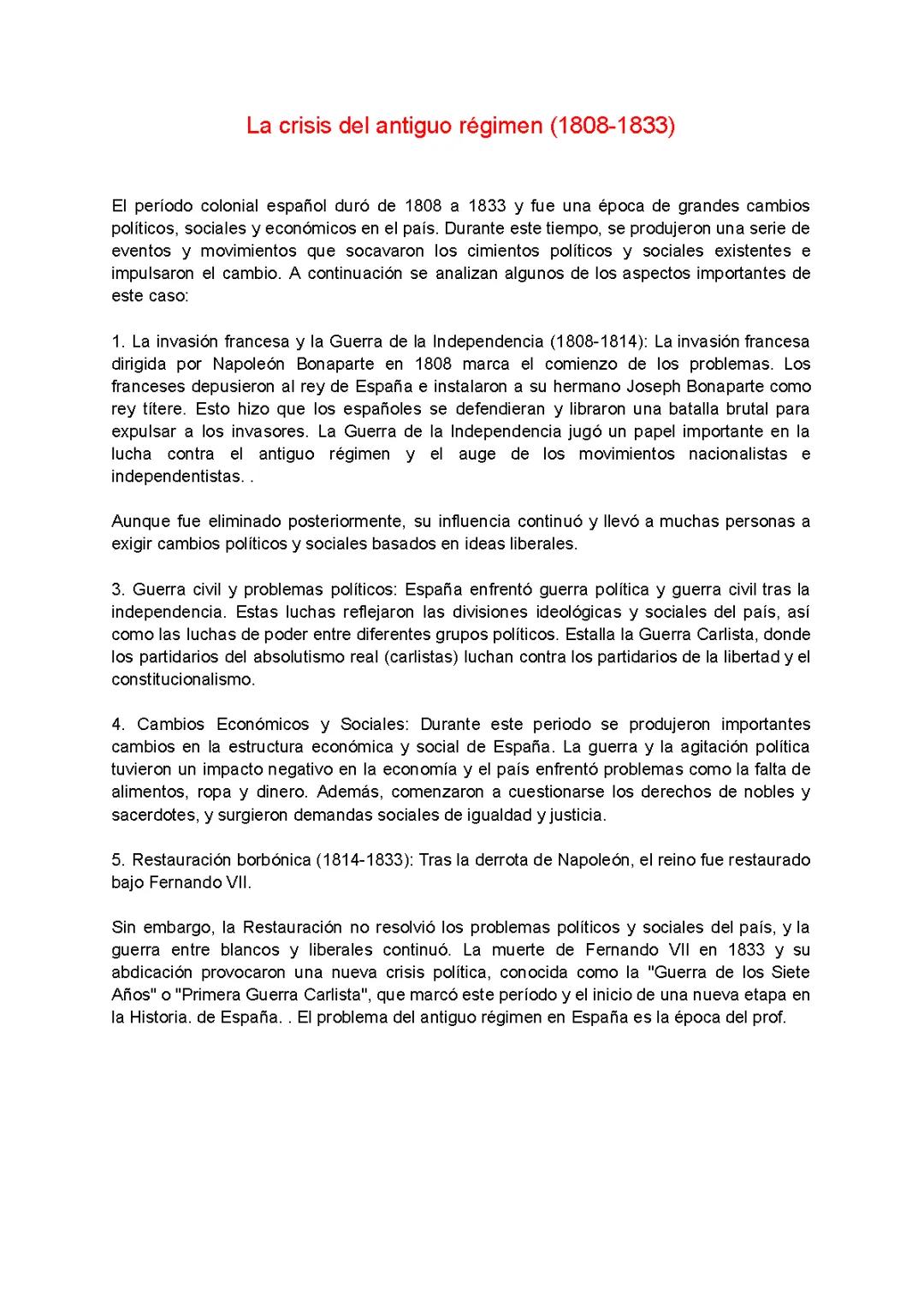 La crisis del antiguo régimen (1808 – 1833) - Historia de españa