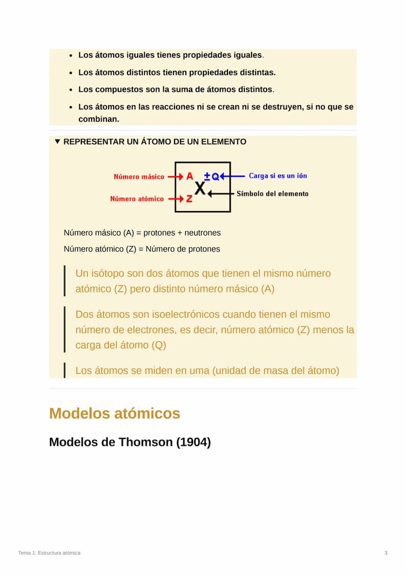 Tema 1: Estructura atómica
Temario:
La materia
El átomo
Teoría atómica de Dalton (1808): átomo
Modelos atómicos
Modelos de Thomson (1904)
Mo