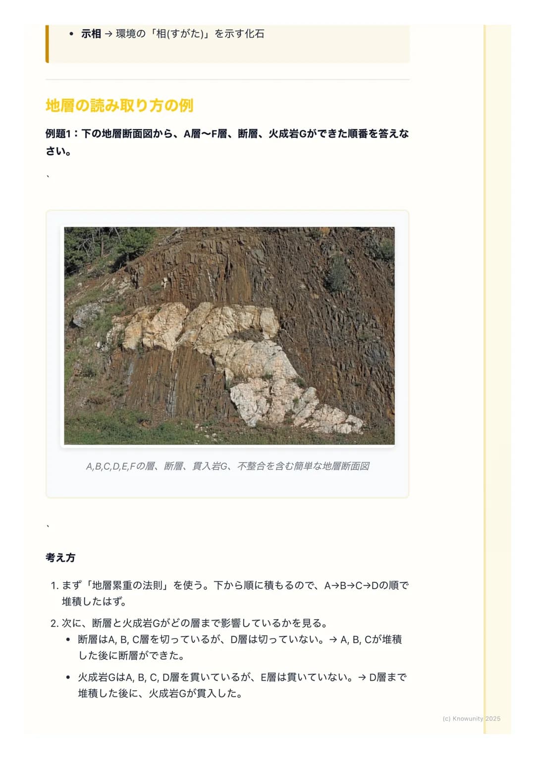 # 地層と化石

地層と化石の基本

地層は、大地の歴史が記録された「本」のようなもの。地層の重なり方や含まれ
る化石を調べることで、過去の地球で何が起こったのか、どんな生物がいたのか
を知ることができる。テストでもよく出る分野だから、しっかり理解しておく必
要がある。

重要な