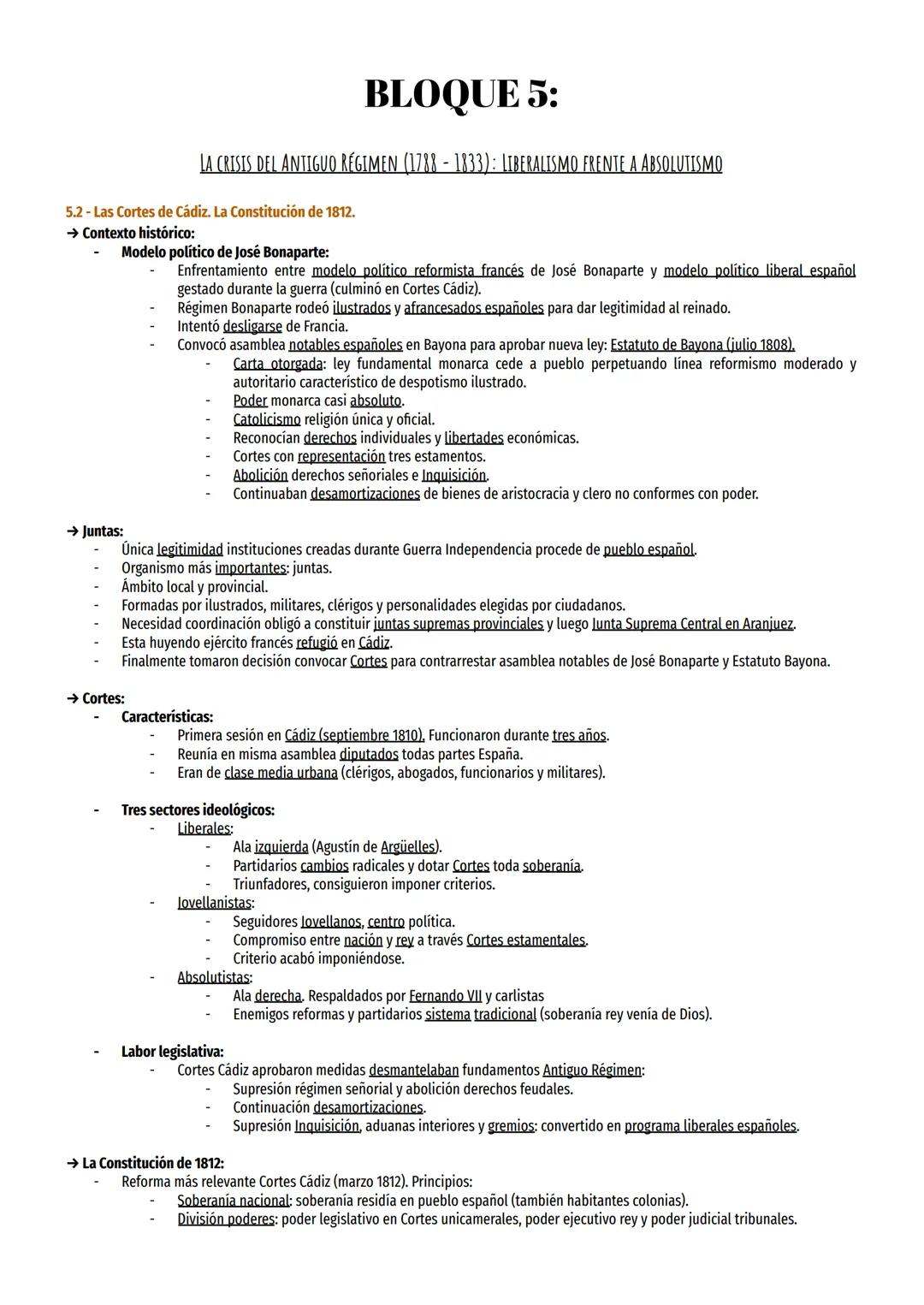 5.2 - Las Cortes de Cádiz. La Constitución de 1812.
→ Contexto histórico:
BLOQUE 5:
LA CRISIS DEL ANTIGUO RÉGIMEN (1788 - 1833): LIBERALISMO
