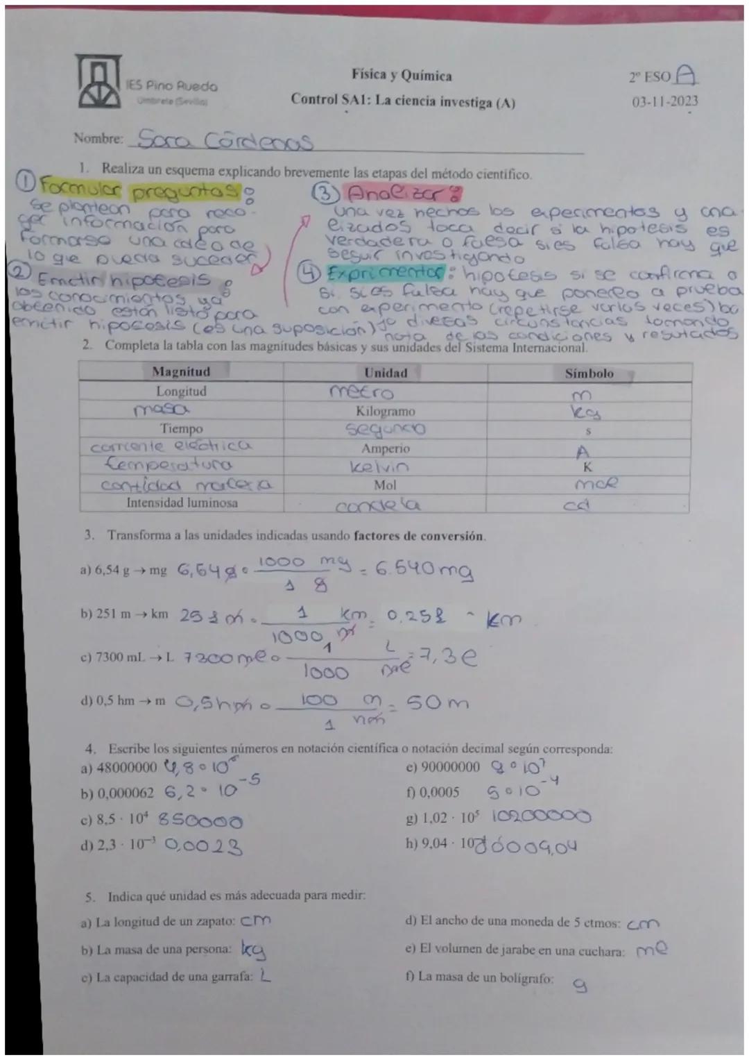 IES Pino Ruedo
Umbrete (Sevilla
Física y Química
Control SA1: La ciencia investiga (A)
Nombre: Sora Cardenas
1. Realiza un esquema explicand