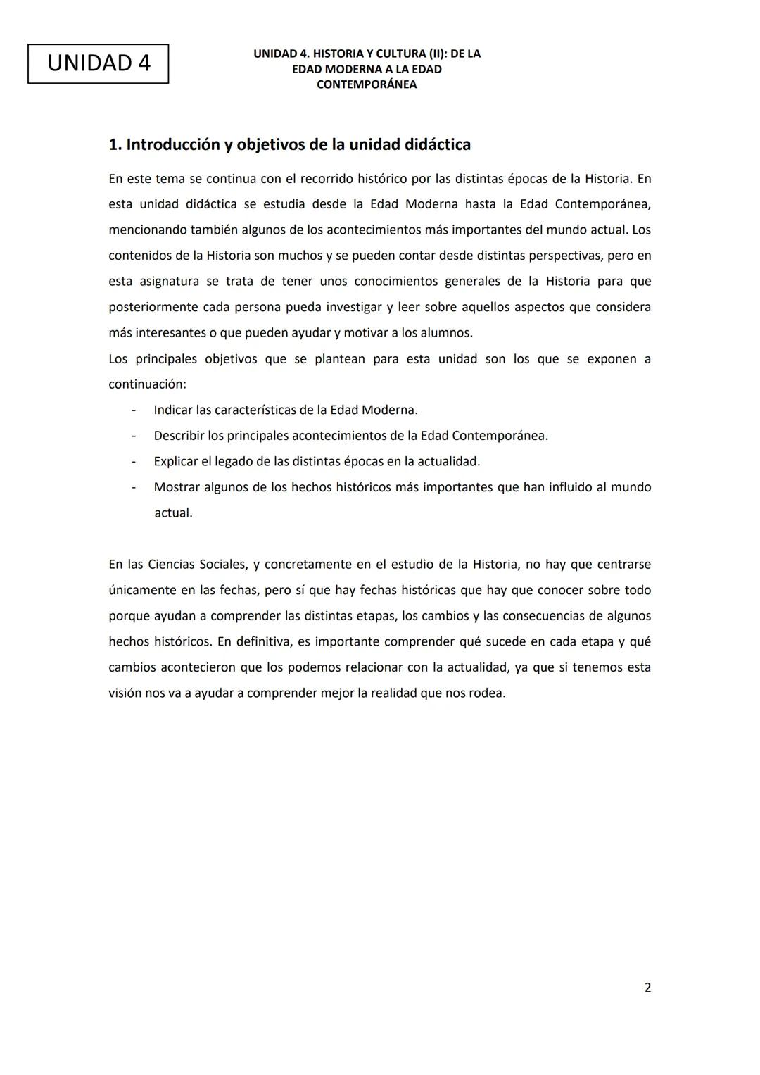 Ciencias Sociales
UNIDAD 4. Historia y cultura (II): de la Edad Moderna a la Edad
Contemporánea. UNIDAD 4
UNIDAD 4. HISTORIA Y CULTURA (II):