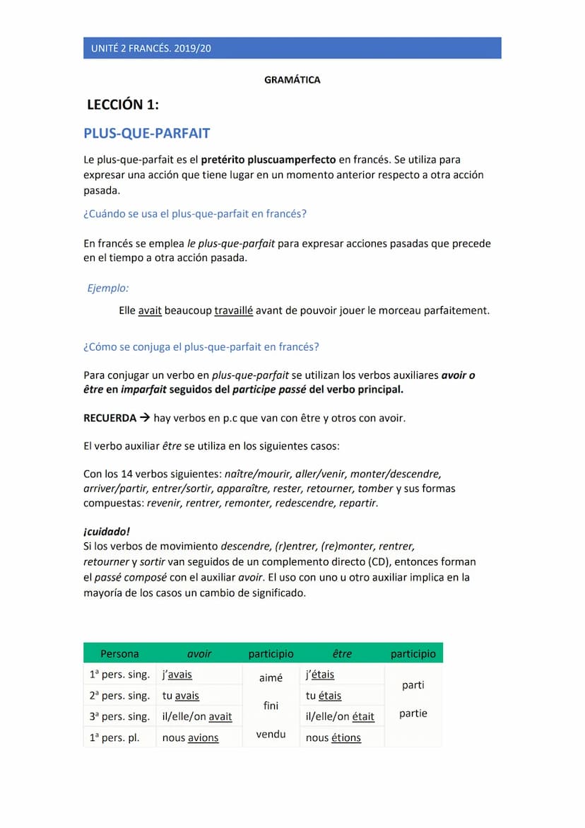UNITÉ O: REPASO DE FRANCÉS.
Passé composé et imparfait:
Utilizamos el passé composé con el fin de contar una acción terminada que tuvo lugar