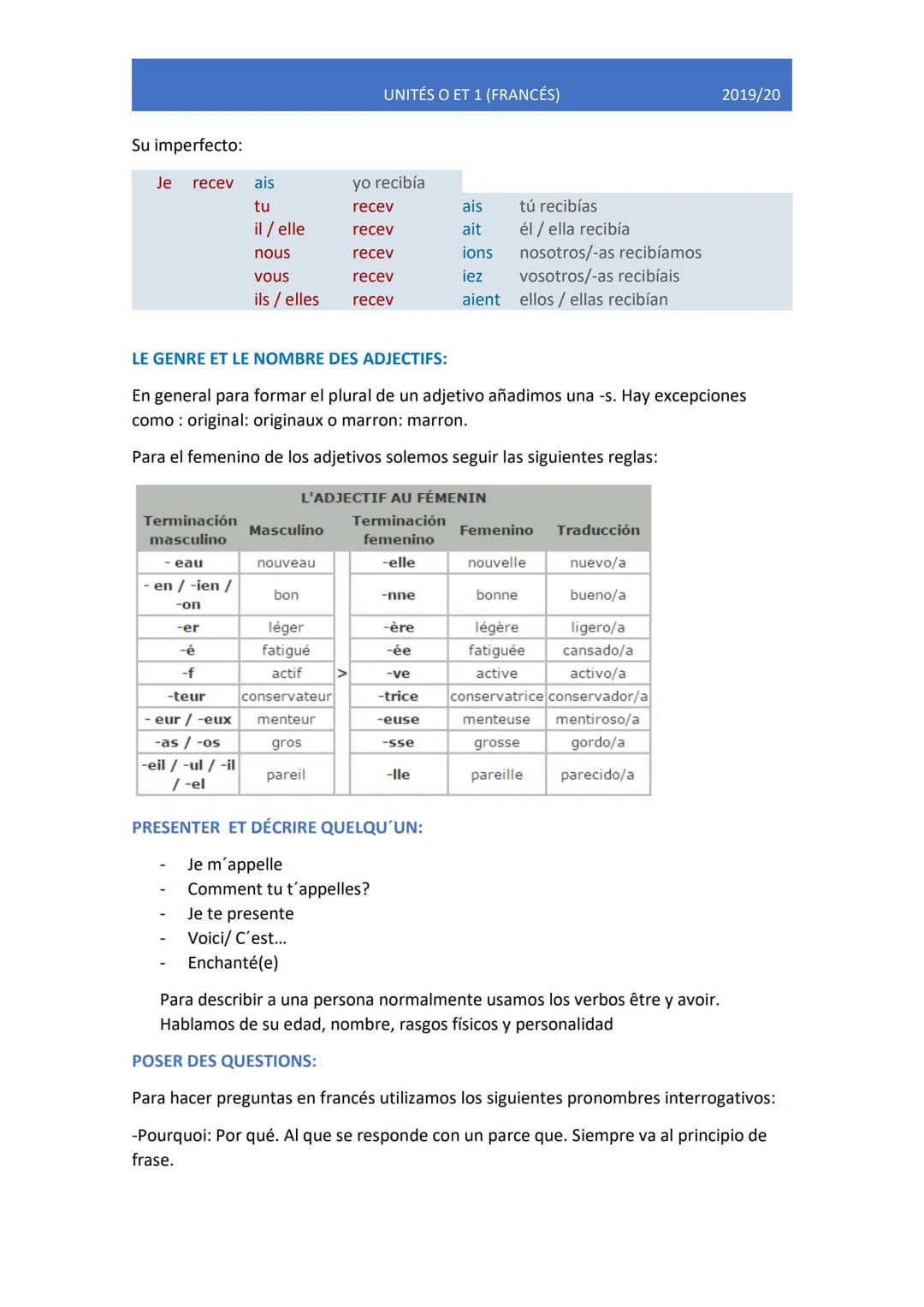 UNITÉ O: REPASO DE FRANCÉS.
Passé composé et imparfait:
Utilizamos el passé composé con el fin de contar una acción terminada que tuvo lugar