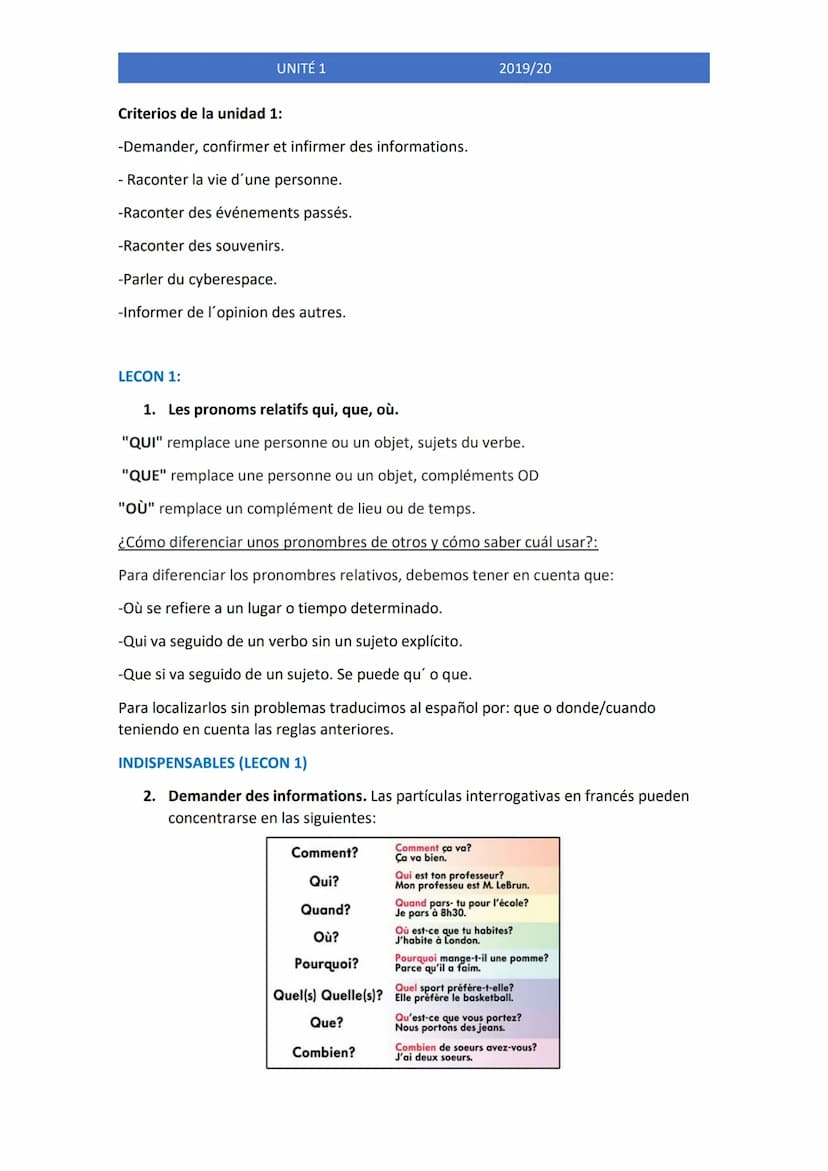 UNITÉ O: REPASO DE FRANCÉS.
Passé composé et imparfait:
Utilizamos el passé composé con el fin de contar una acción terminada que tuvo lugar