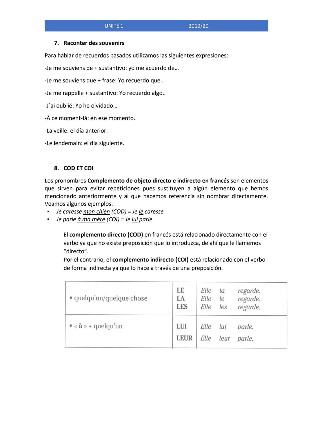UNITÉ O: REPASO DE FRANCÉS.
Passé composé et imparfait:
Utilizamos el passé composé con el fin de contar una acción terminada que tuvo lugar