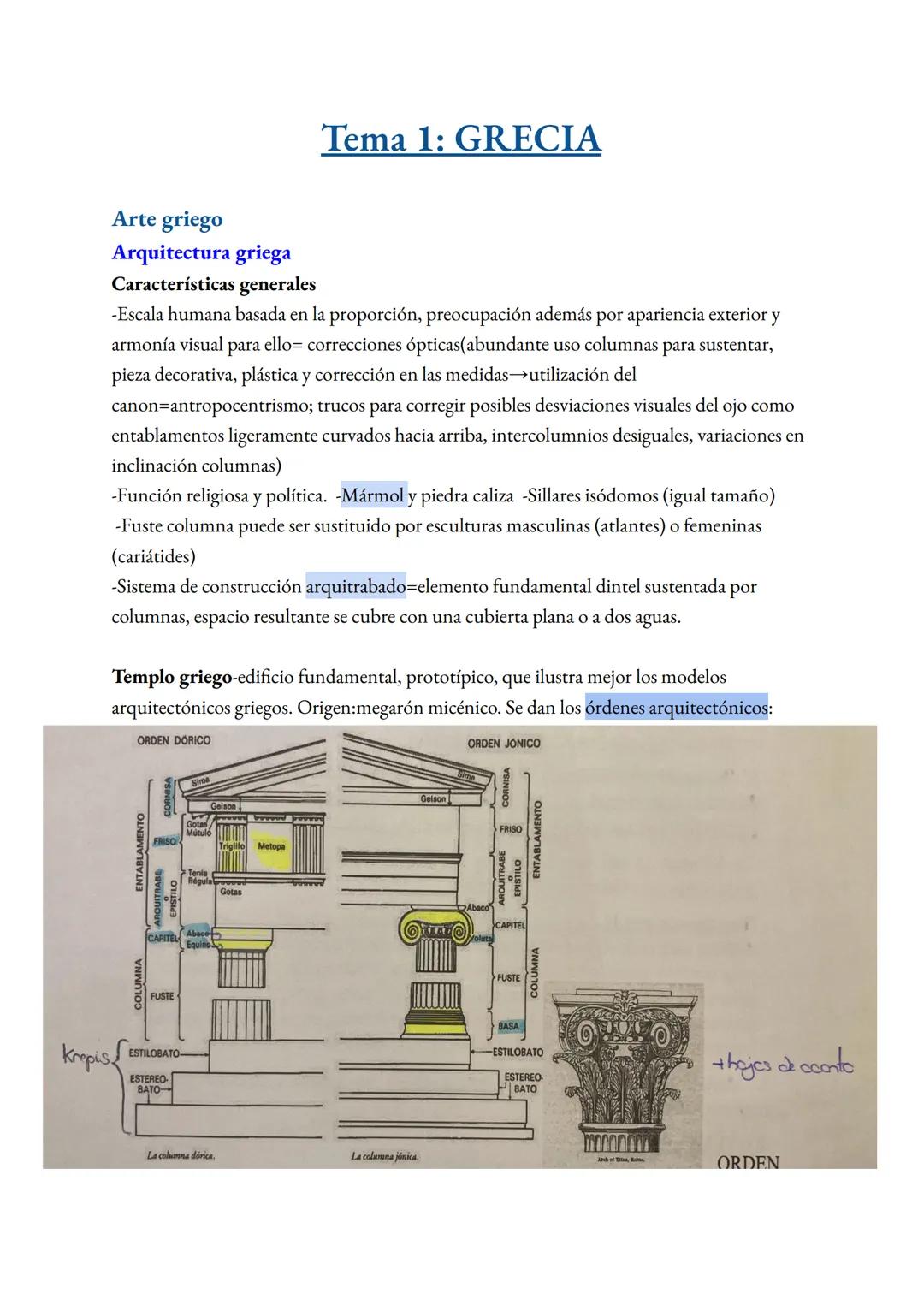 # Tema 1: GRECIA

Arte griego
Arquitectura griega
Características generales
-Escala humana basada en la proporción, preocupación además por 