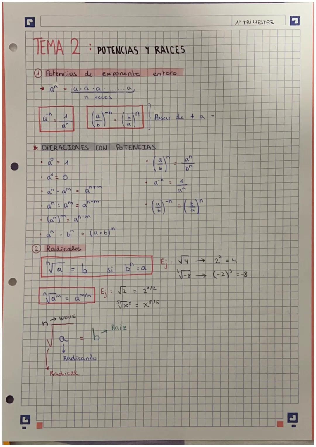 • TEMA 2: POTENCIAS Y RAICES
Potencias de
→ aˆ
la
F
=·a·a·a·
n
प्र
an
a²-am =
a^: a^ = a^
(a)= anim
aª
2 Radicales
1
y
Na = b
*OPERACIONES C