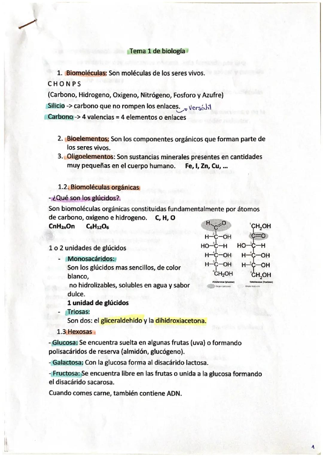 1. Biomoléculas: Son moléculas de los seres vivos.
CHONPS
(Carbono, Hidrogeno, Oxigeno, Nitrógeno, Fosforo y Azufre)
Silicio -> carbono que 