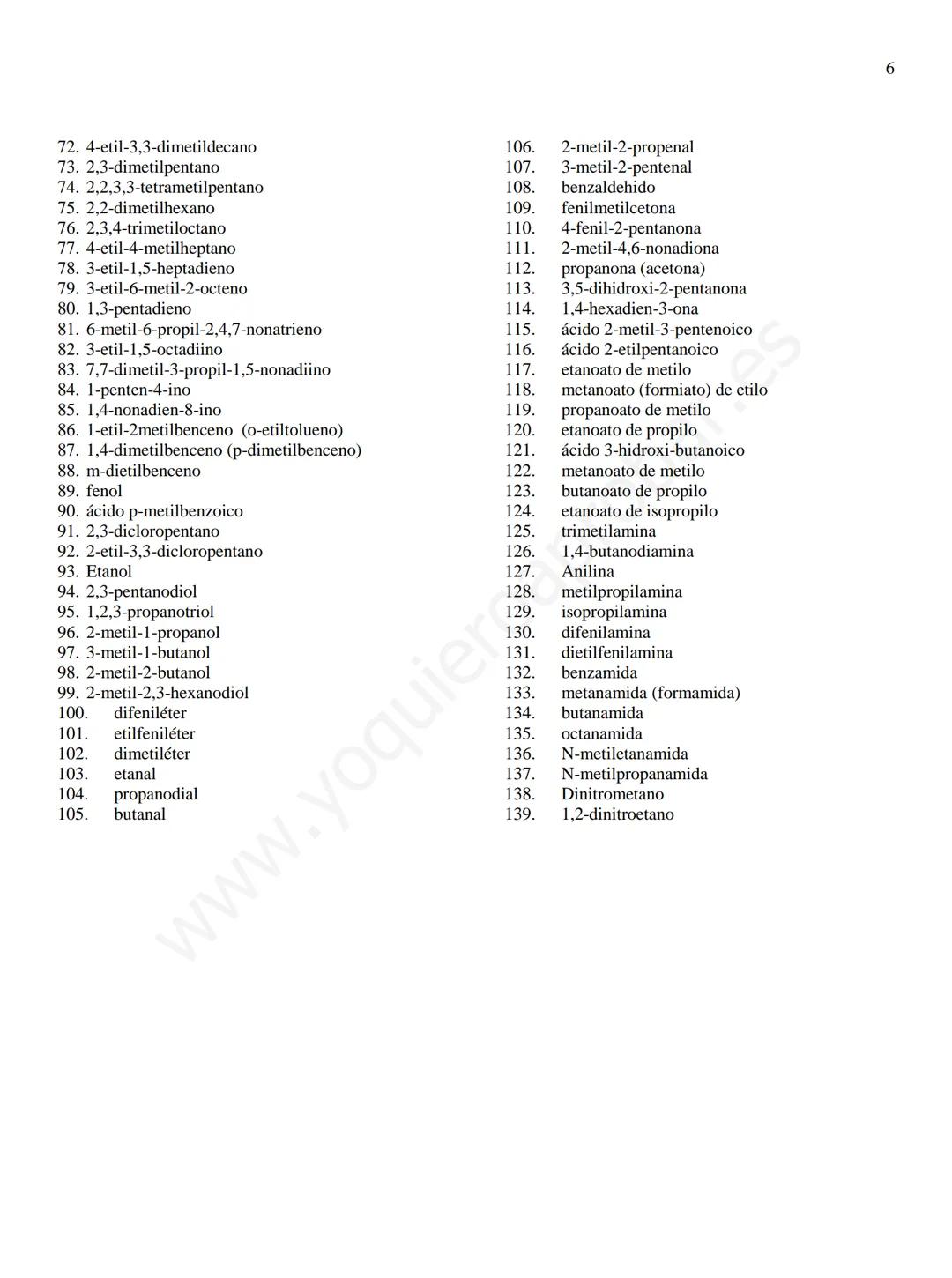 Ejercicios de formulación y nomenclatura de Química Orgánica
1. metilpropano.
2. 2,3-dimetilbutano
3. 5-etil-2,3,6-trimetil-4-propiloctano.
