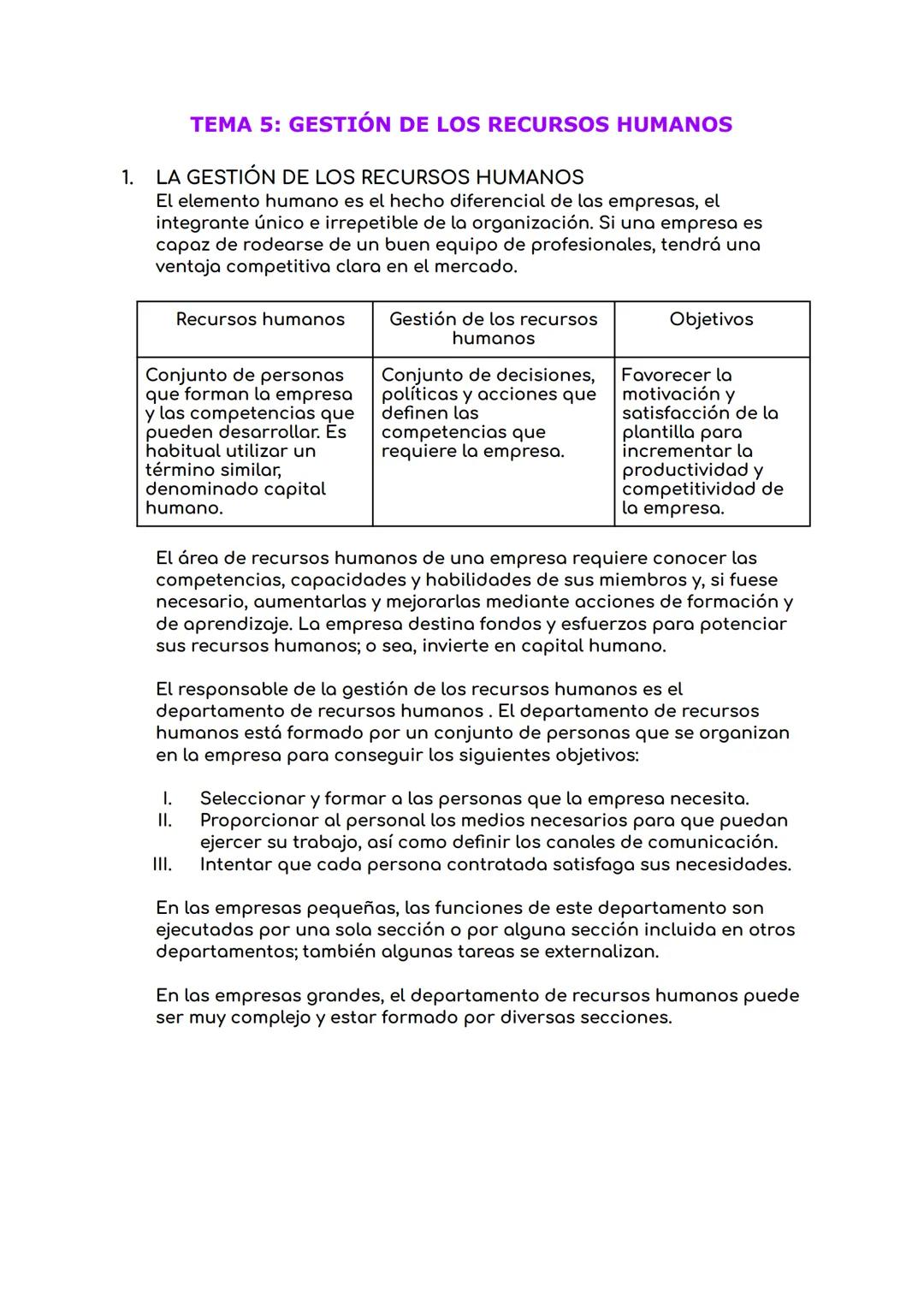 # TEMA 5: GESTIÓN DE LOS RECURSOS HUMANOS

1. LA GESTIÓN DE LOS RECURSOS HUMANOS

   El elemento humano es el hecho diferencial de las empre